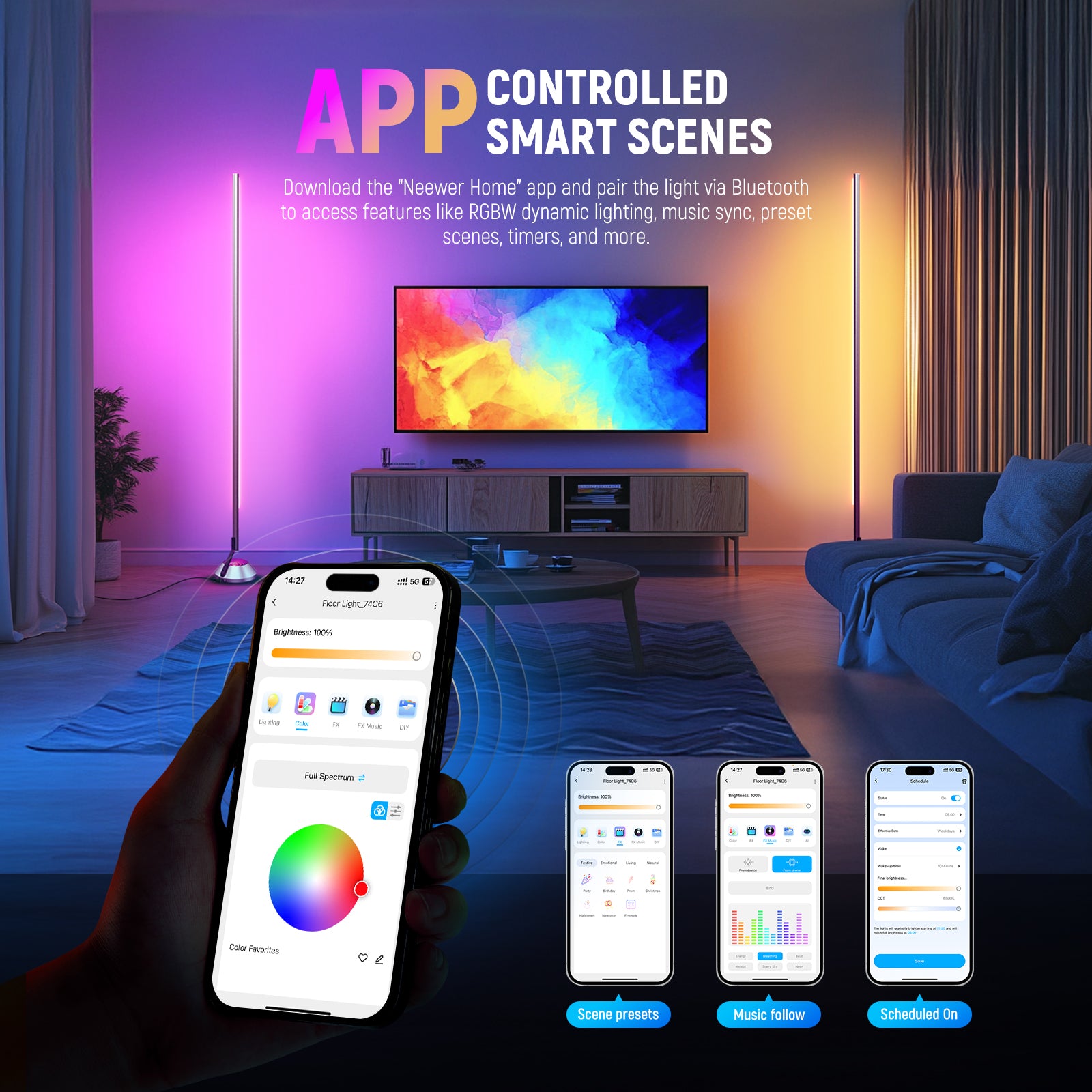 NEEWER NF01 RGBW Smart Floor Lamp can be controlled by the APP