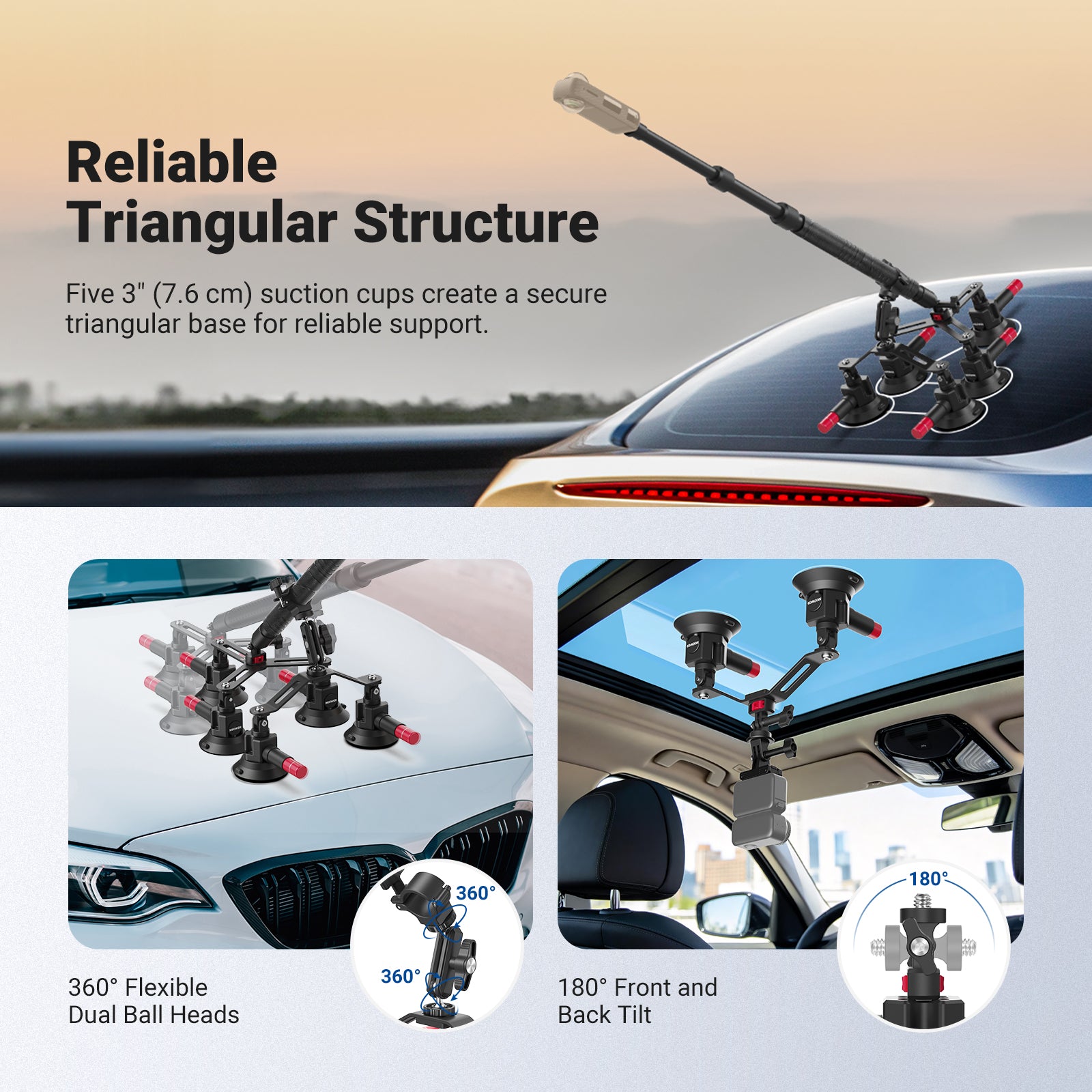 Five-suction-cup camera mount with a telescopic arm attached to the car rear window, holding an action camera for driving footage.