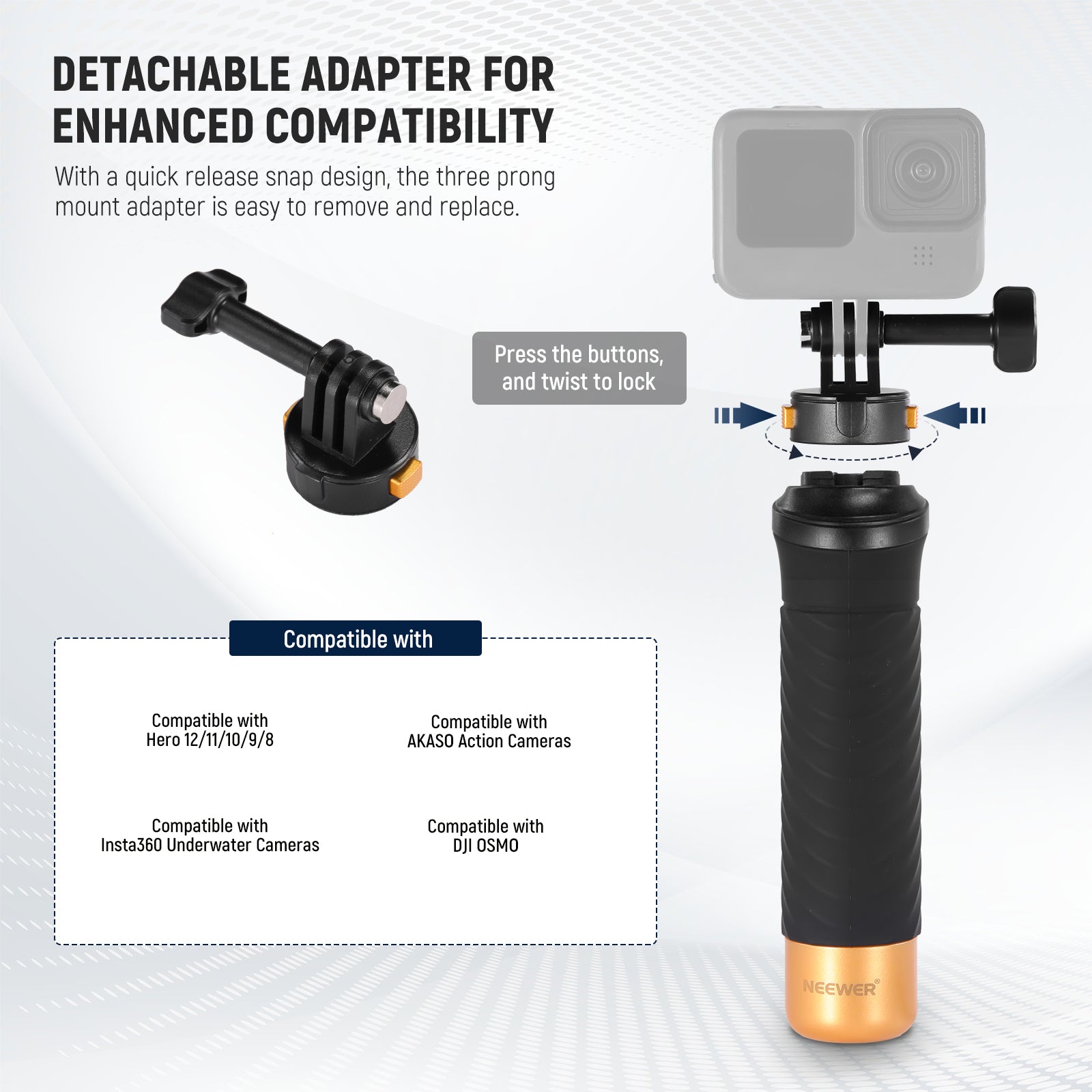 With a magnetic and quick release snap design, the three prong mount adapter is easy to remove and replace.