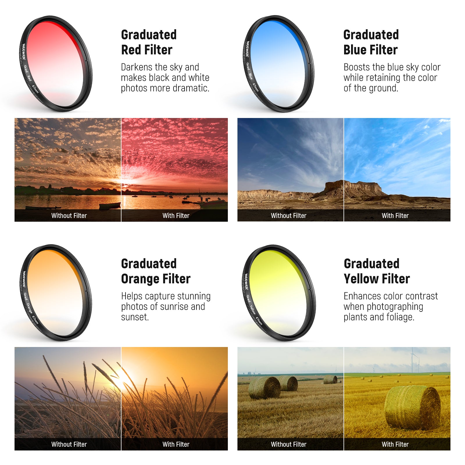 Four graduated color (GND) filters (red, orange, yellow, blue)