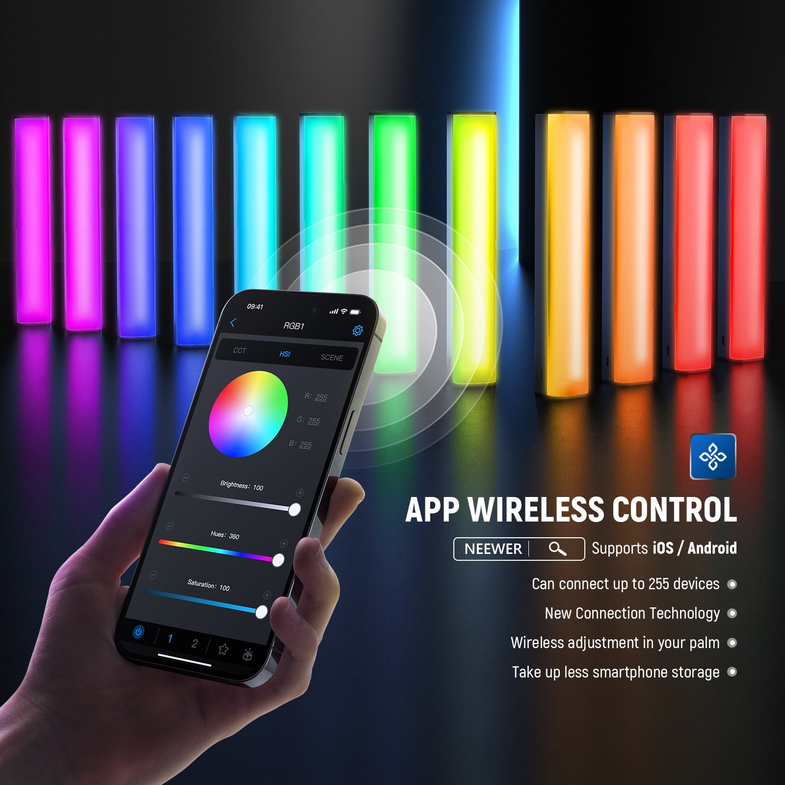 NEEWER RGB1 LED Tube Light with Metal Barndoor Handle can be controlled by the APP.