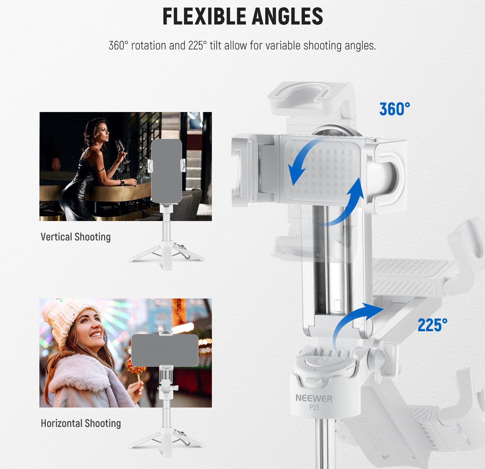 NEEWER P15 3-in-1 Handheld Selfie Stick Tripod allows for variable shooting angles.