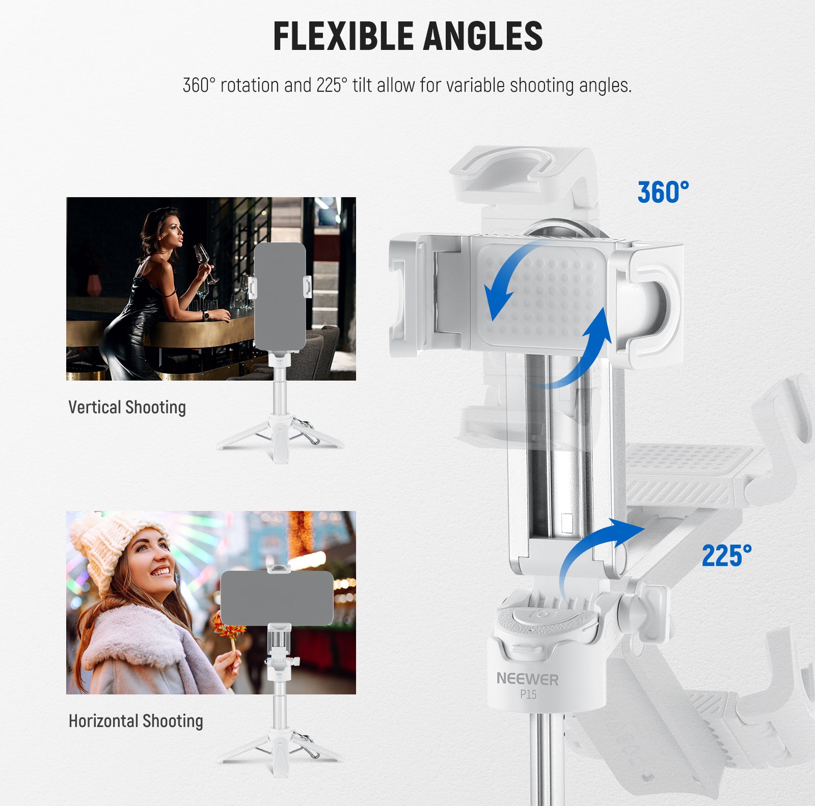 NEEWER P15 3-in-1 Handheld Selfie Stick Tripod allows for variable shooting angles.
