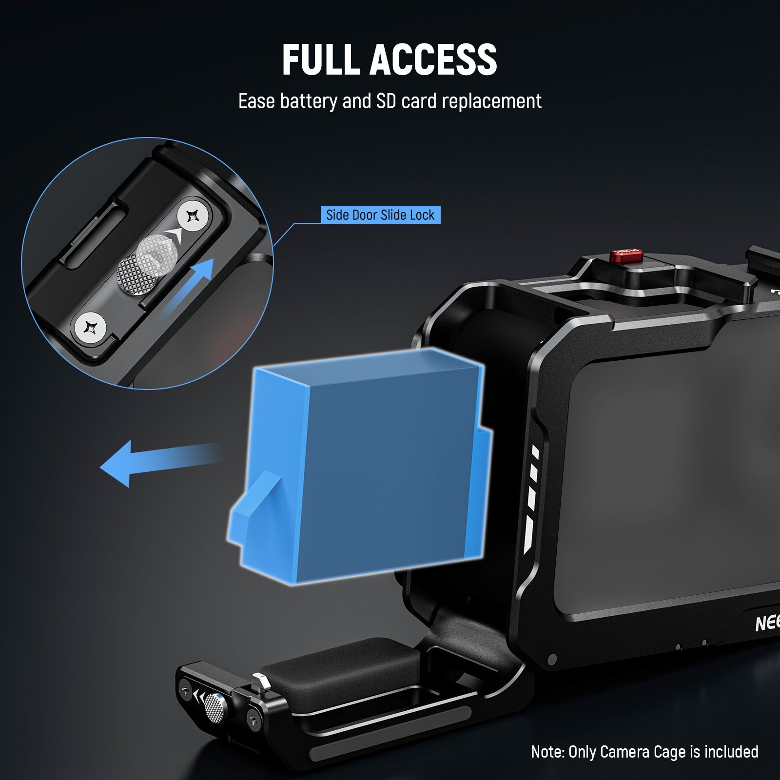 The included side door aligns precisely with the battery compartment for easy battery and SD card replacement.
