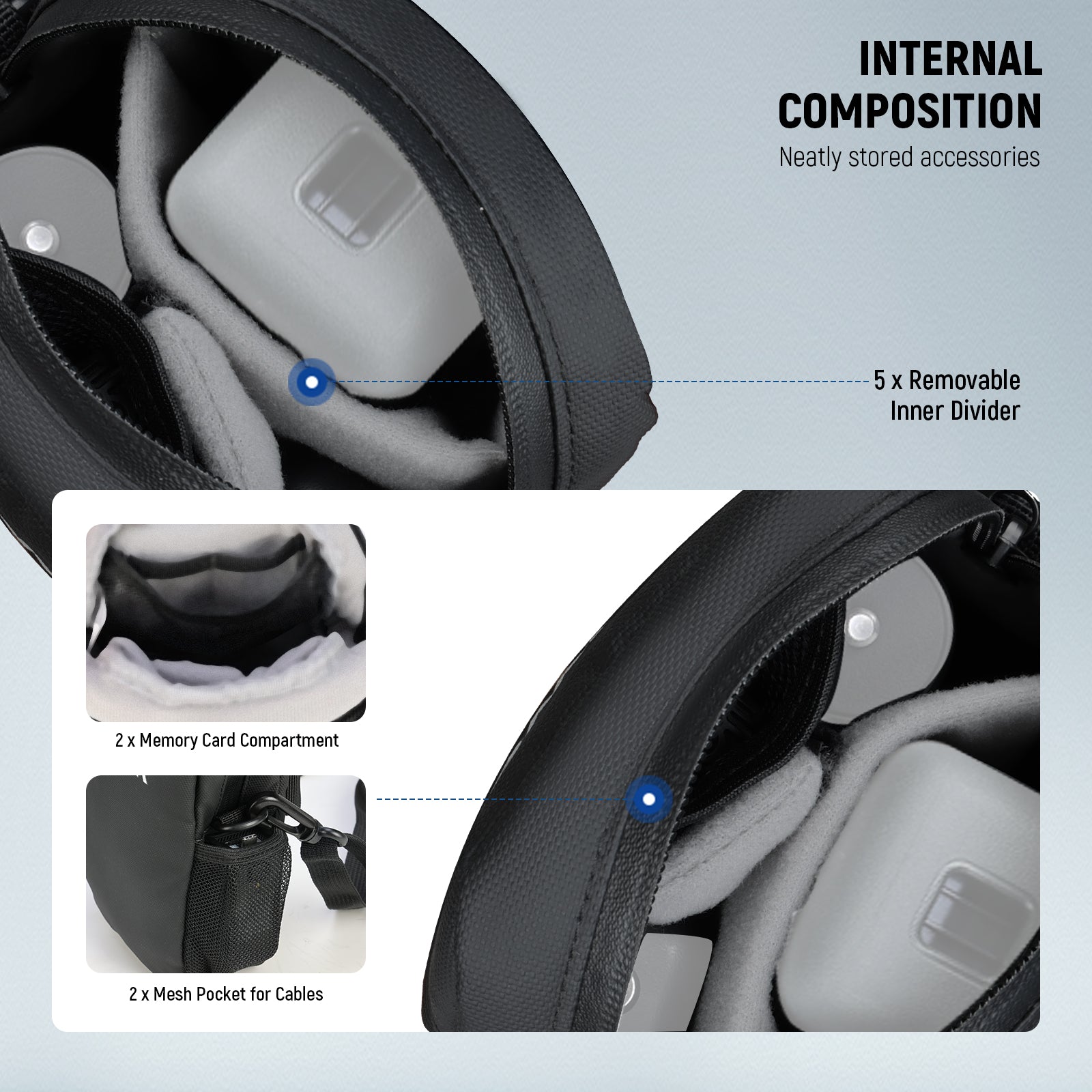 NEEWER PB13 Camera Sling Bag For DJI Osmo Pocket 3 features five removable inner dividers.