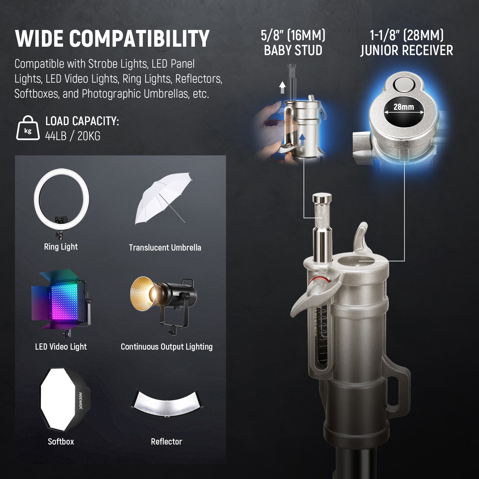 Wide Compatibility of the NEEWER SC440AW 14.4ft C Stand on Wheels