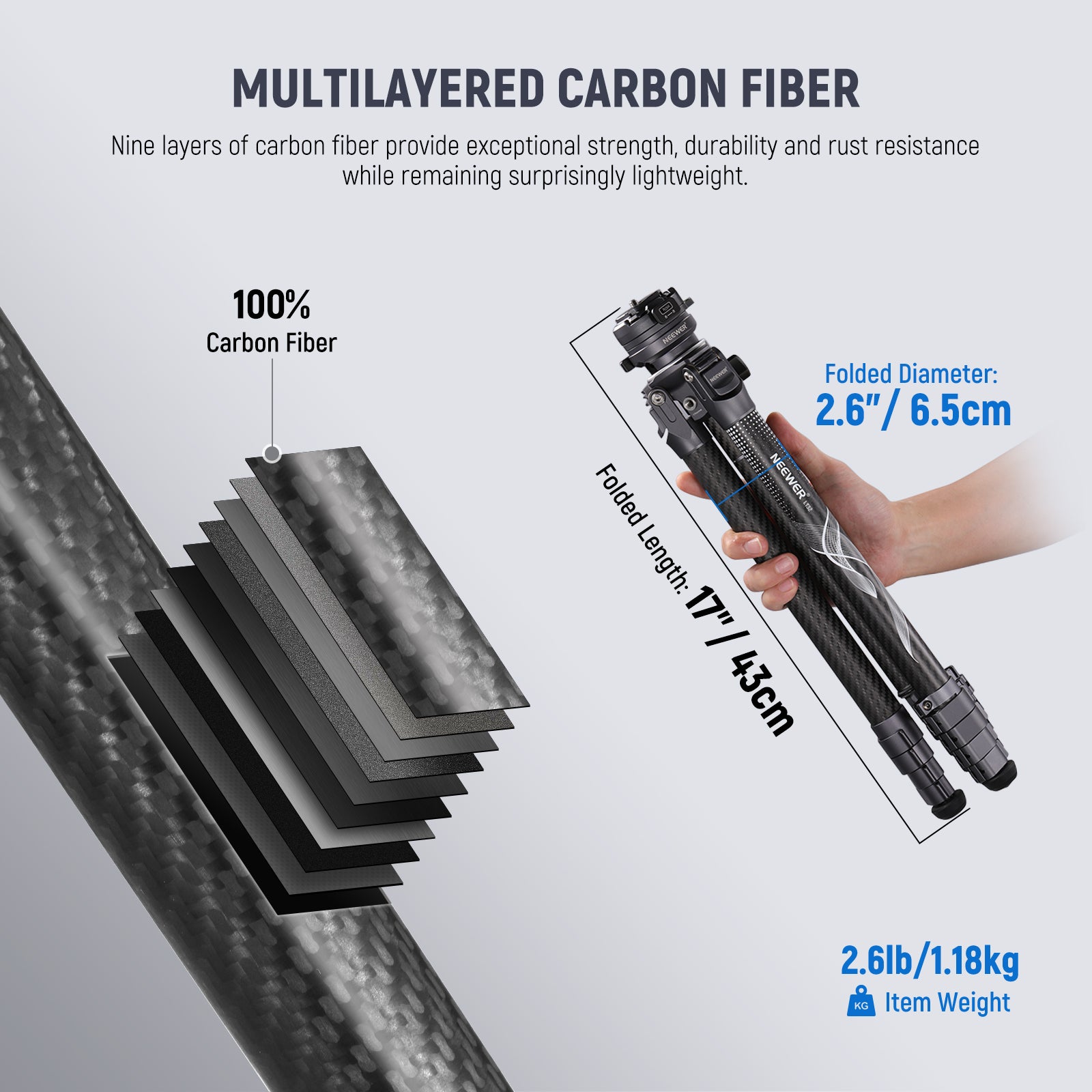 The LT32 is a super light 2.6lb/1.18kg carbon fiber camera tripod with a 1" tube for stability and a 22lb load capacity
