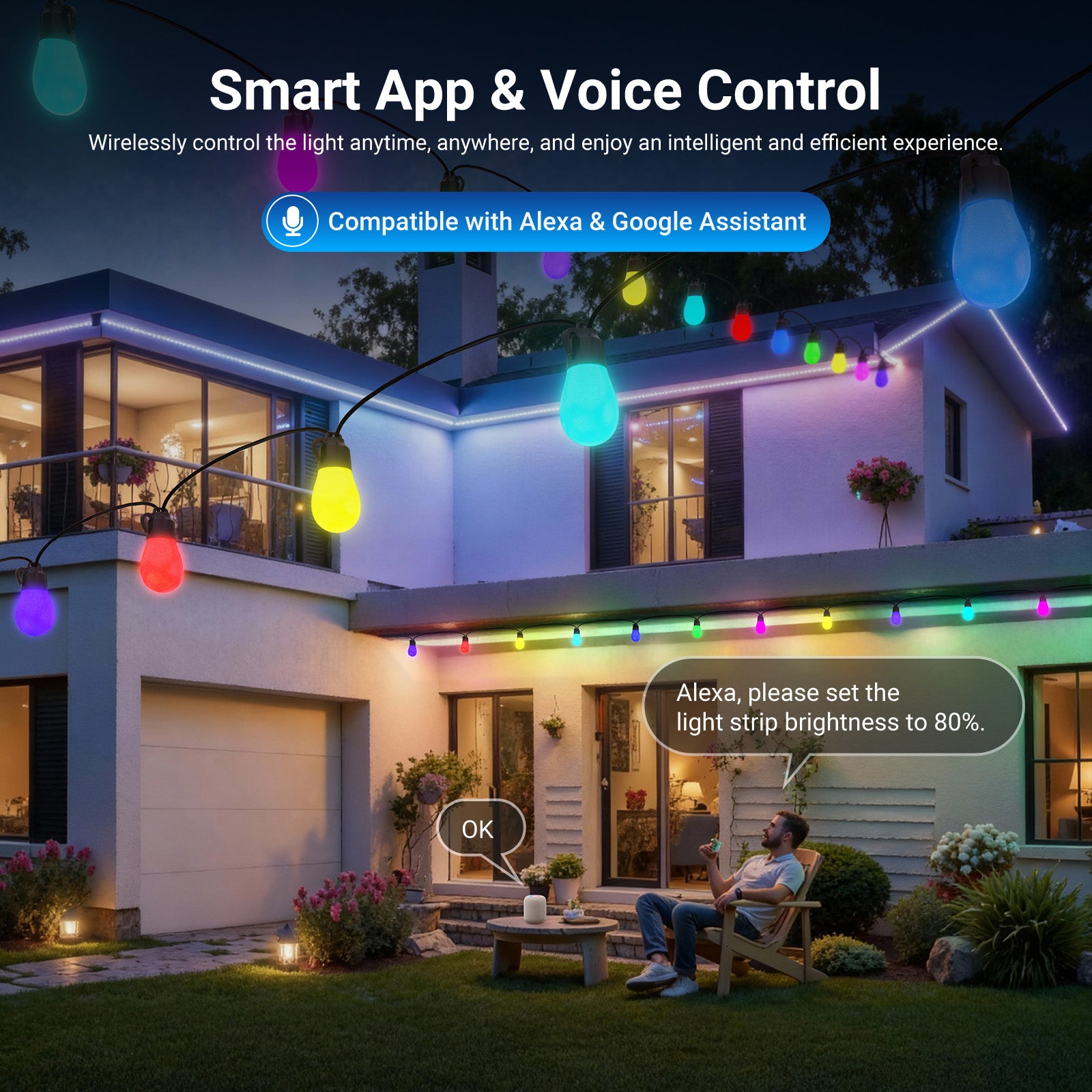 NEEWER NR01 RGBW Outdoor String Light supports Wireless App & Smart Voice Control