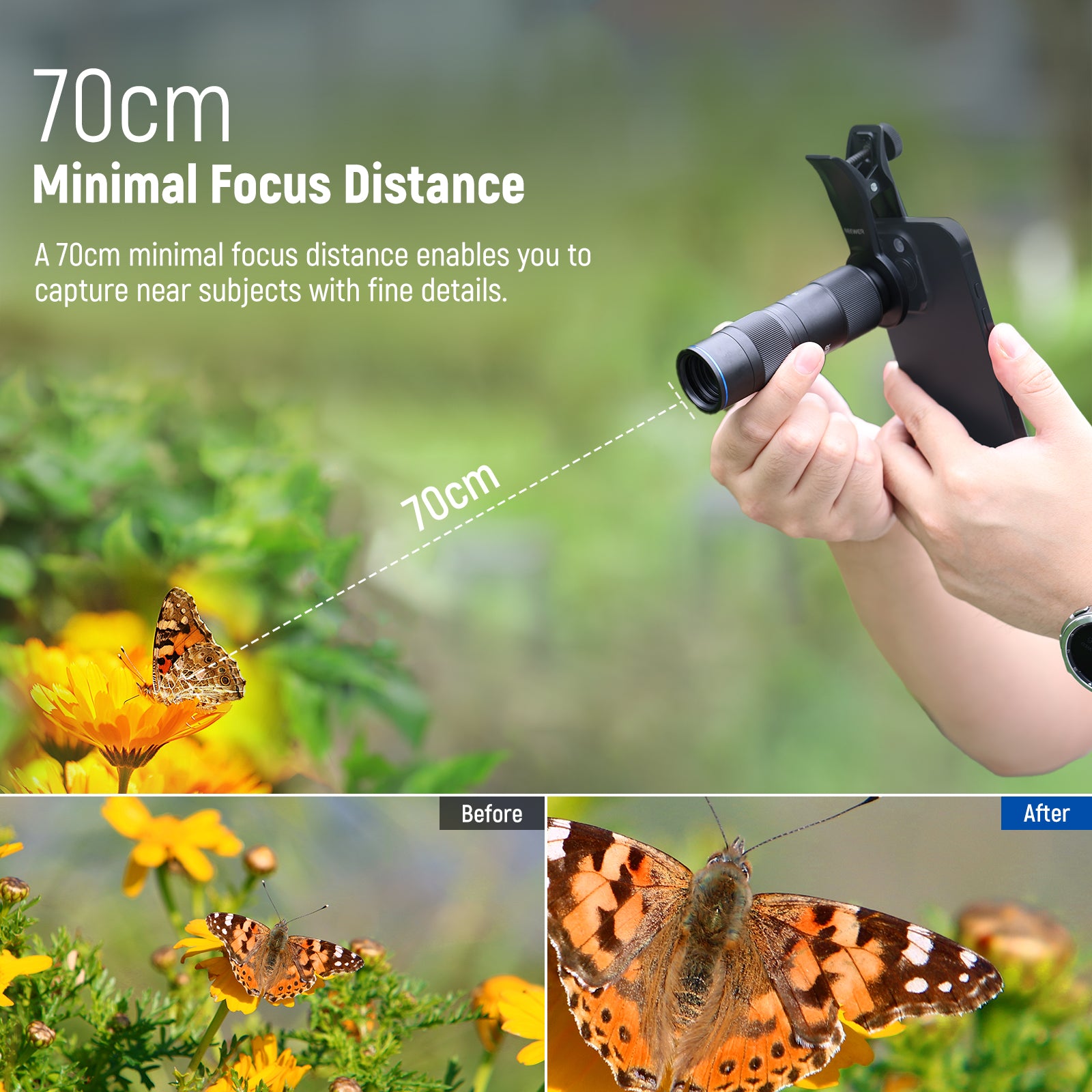 A 70cm minimal focus distance enables you to capture near subjects with fine details.