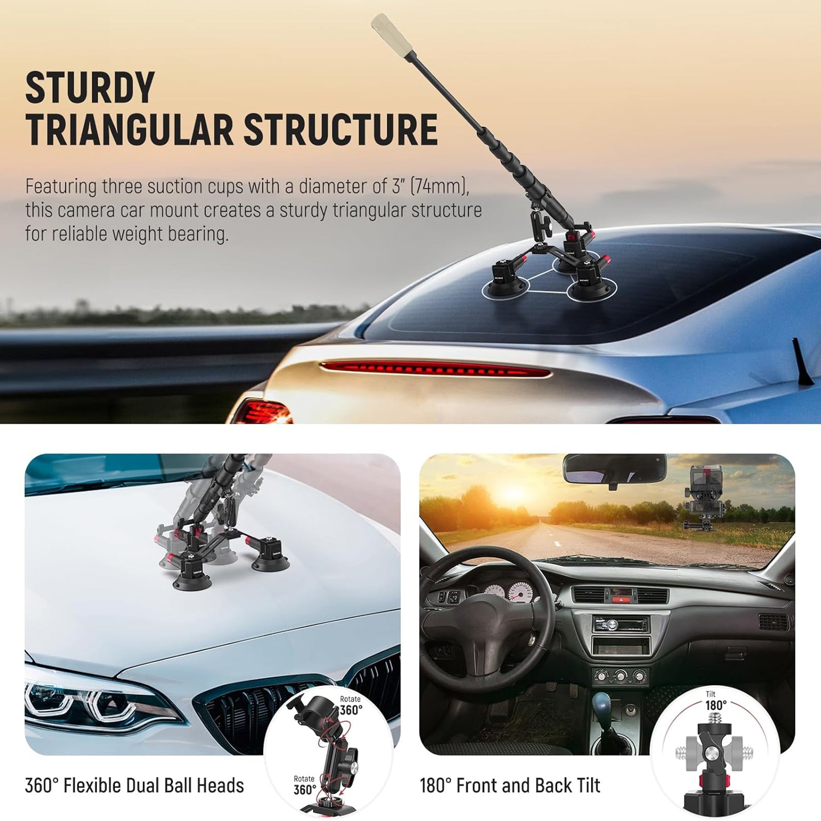 This camera car mount creates a sturdy triangular structure