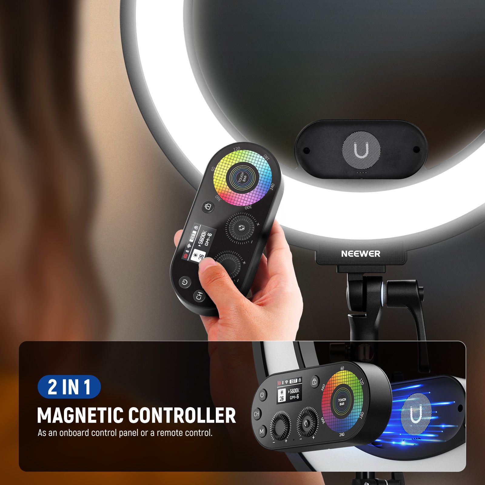 NEEWER RL45C RGB LED Ring Light Kit includes 2 in 1 magnetic controller.