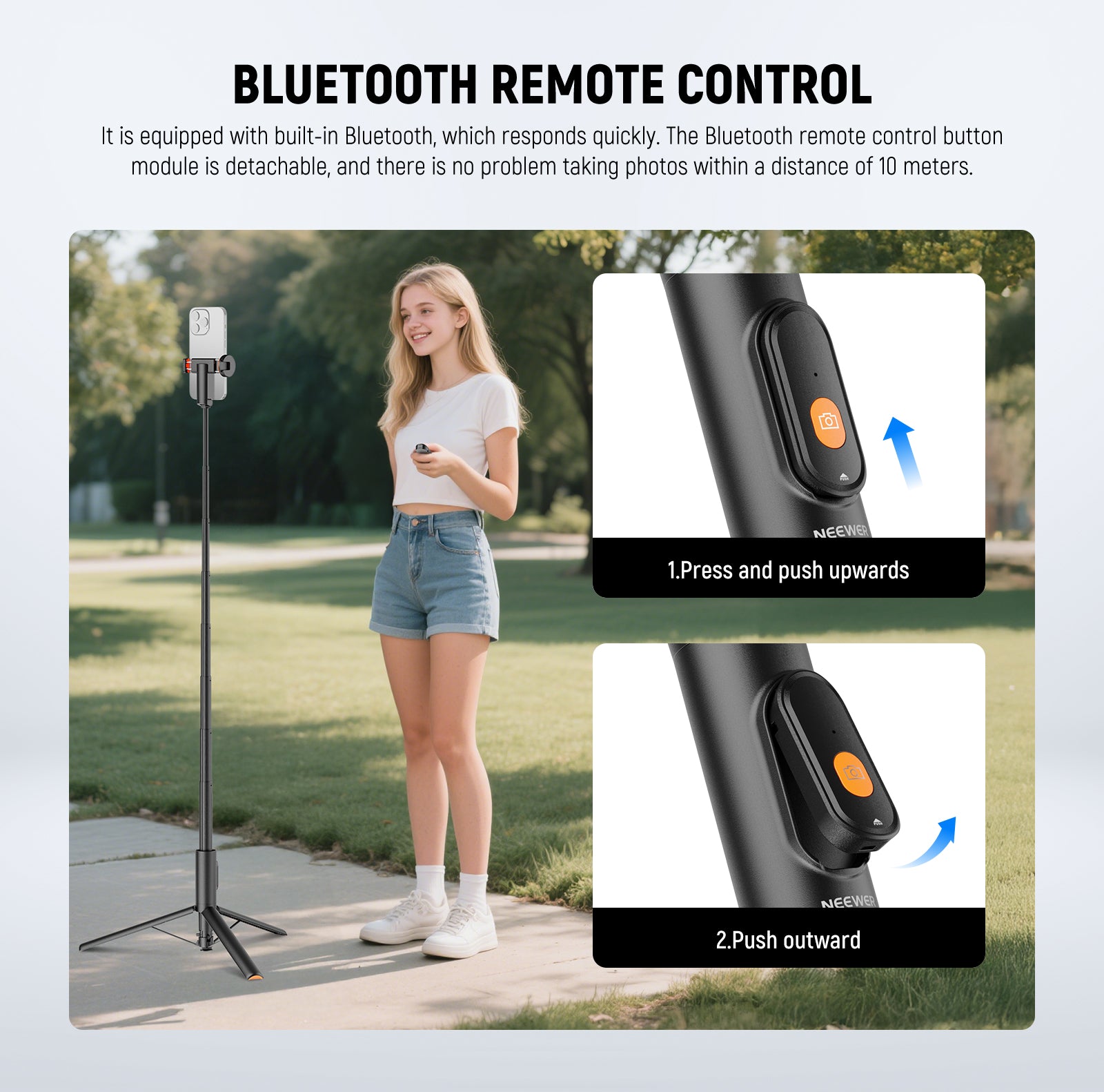 NEEWER PA992 Quick Release Selfie Stick Tripod for Phone features with bulit in Bluetooth.
