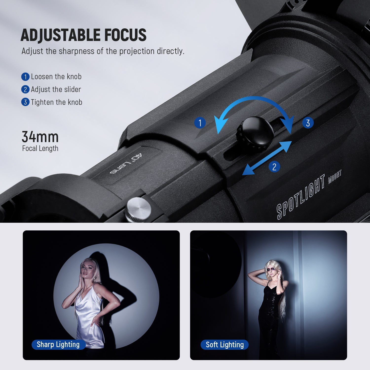 NEEWER LS-38 Spotlight Snoot adjusts the sharpness of the projection directly.