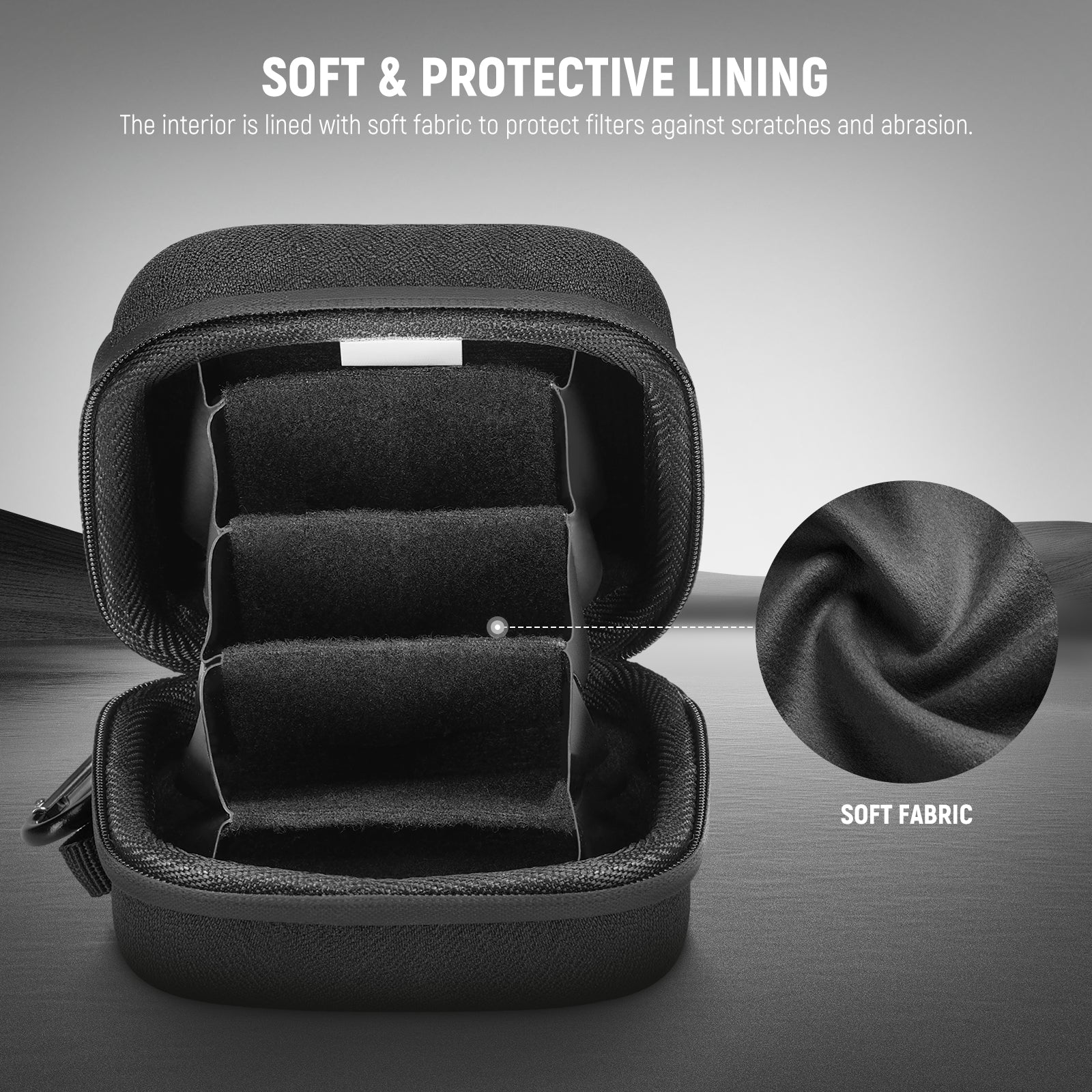 The interior is lined with soft fabric to protect filters against scratches and abrasion