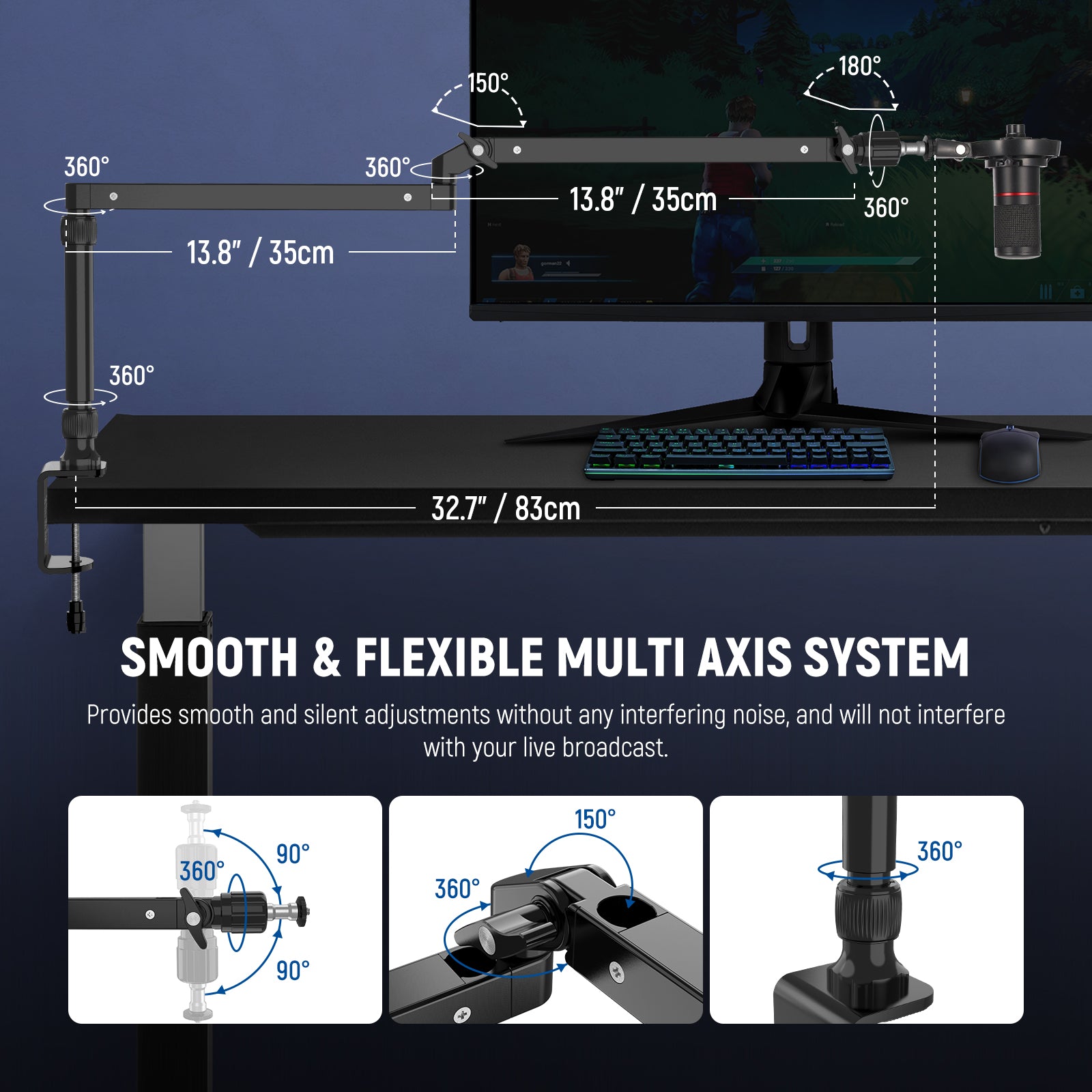 With five axis linkage, the table microphone holder stand swivels 360° horizontally at the base