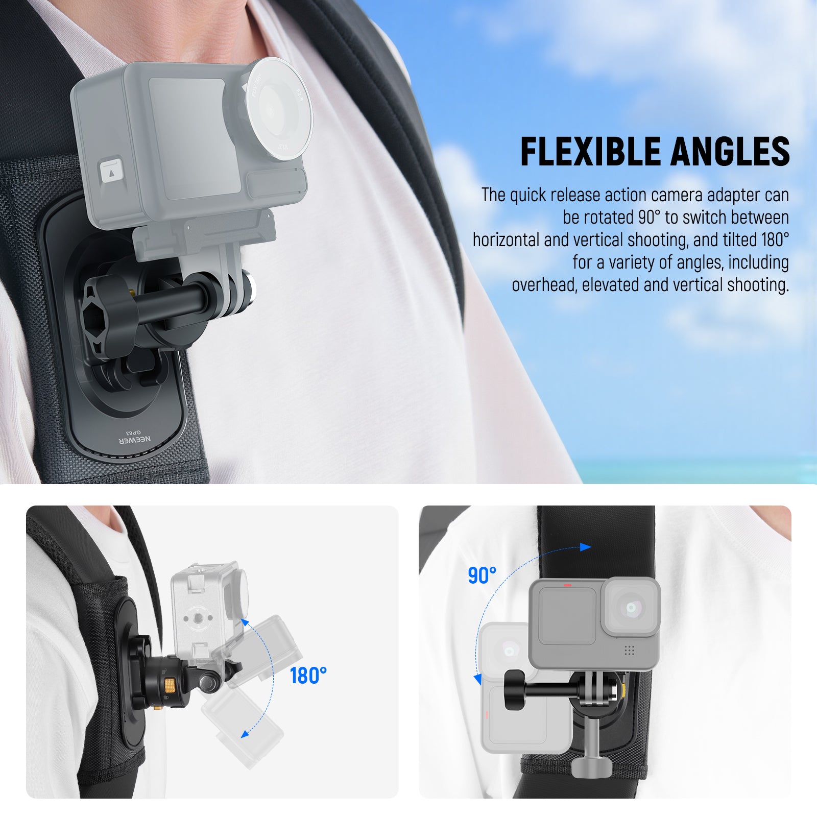 NEEWER GP63 Backpack Shoulder Chest Strap Mount is flexible to use.