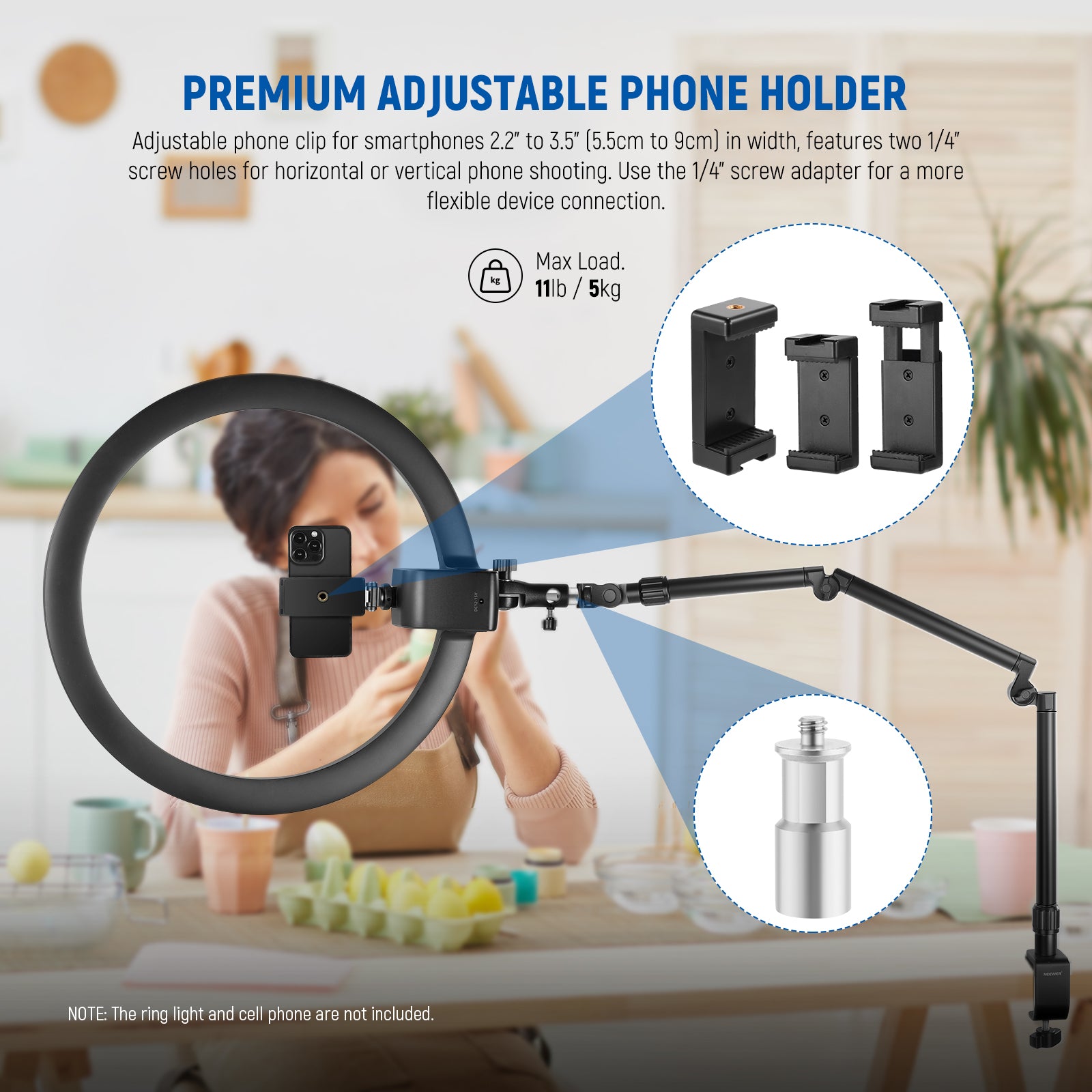 Includes a high quality phone holder for smartphones 5.8cm to 8.5cm in width