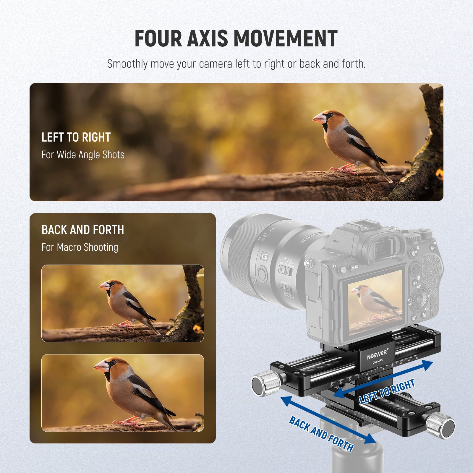 NEEWER GM-MP3 4 Axis Macro Focusing Rail smoothly moves your camera left to right or back and forth.