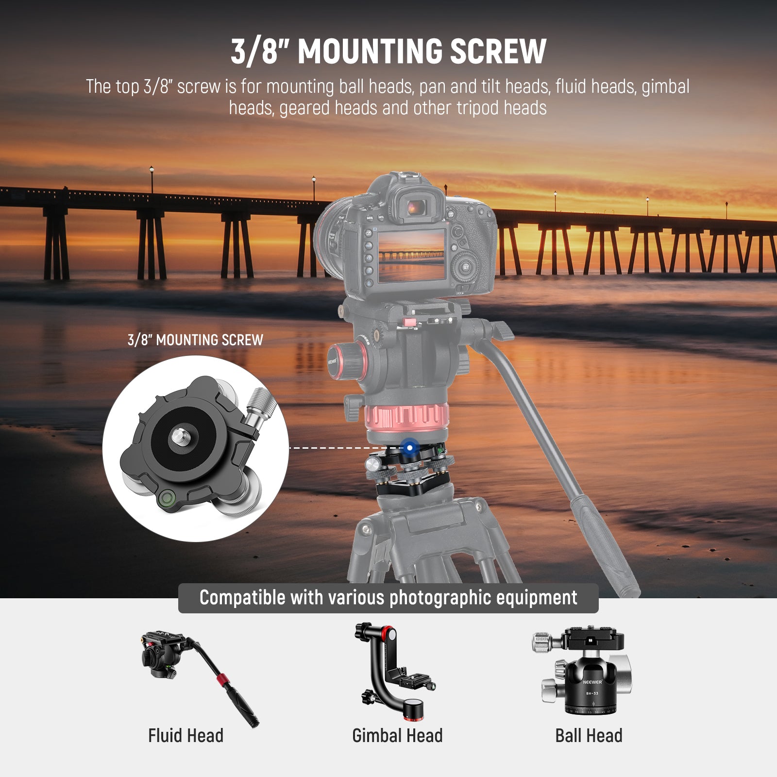 The top 3/8" screw is for mounting ball heads, pan and tilt heads and other tripod heads