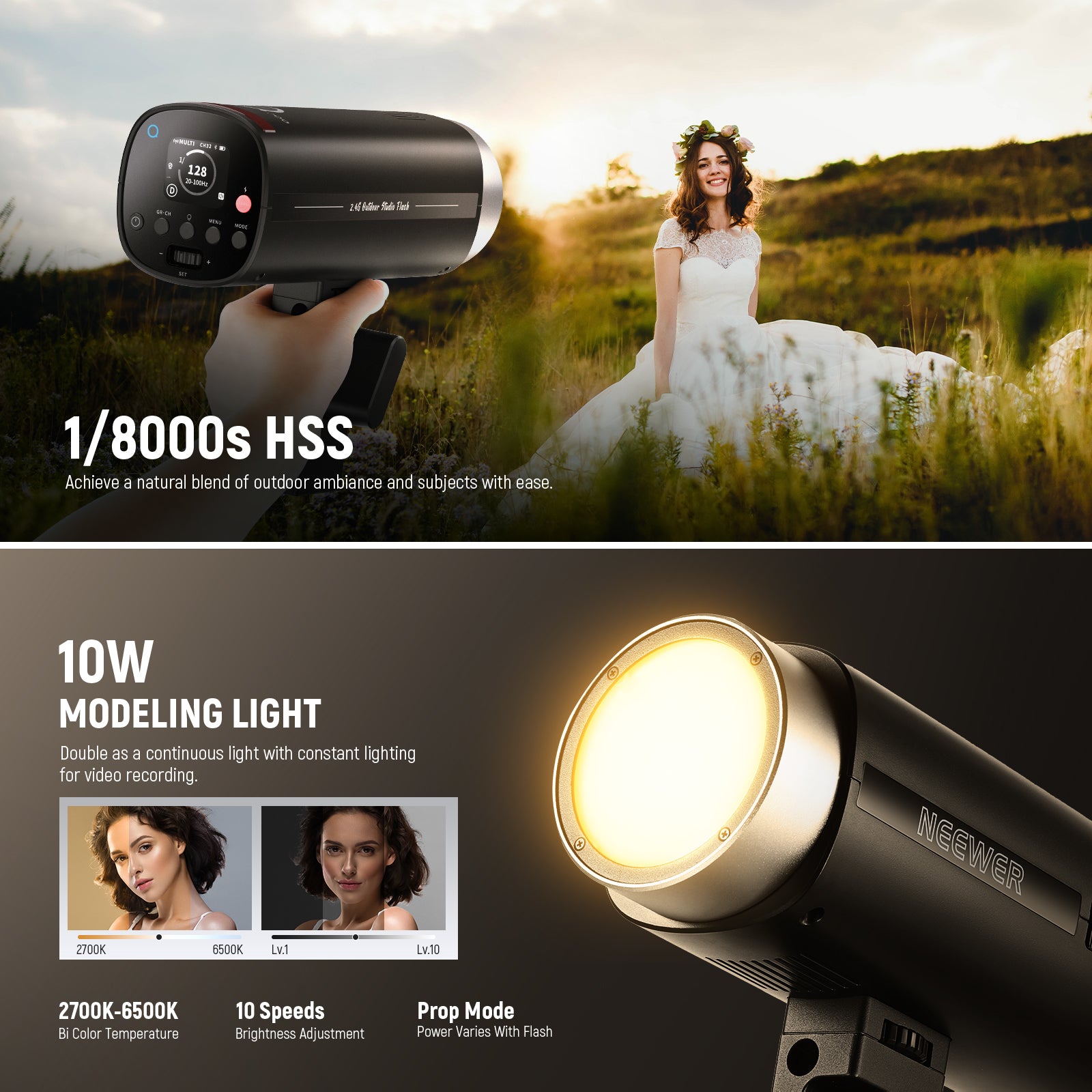 NEEWER Q200 Outdoor Strobe Flash supports 1/8000s HSS high speed sync using the QPro trigger to solve background exposure issues.