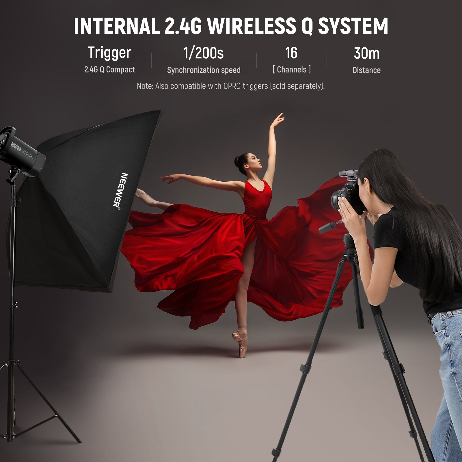 NEEWER S102-400W PRO Strobe Flash Light is built with NEEWER 2.4G wireless Q system