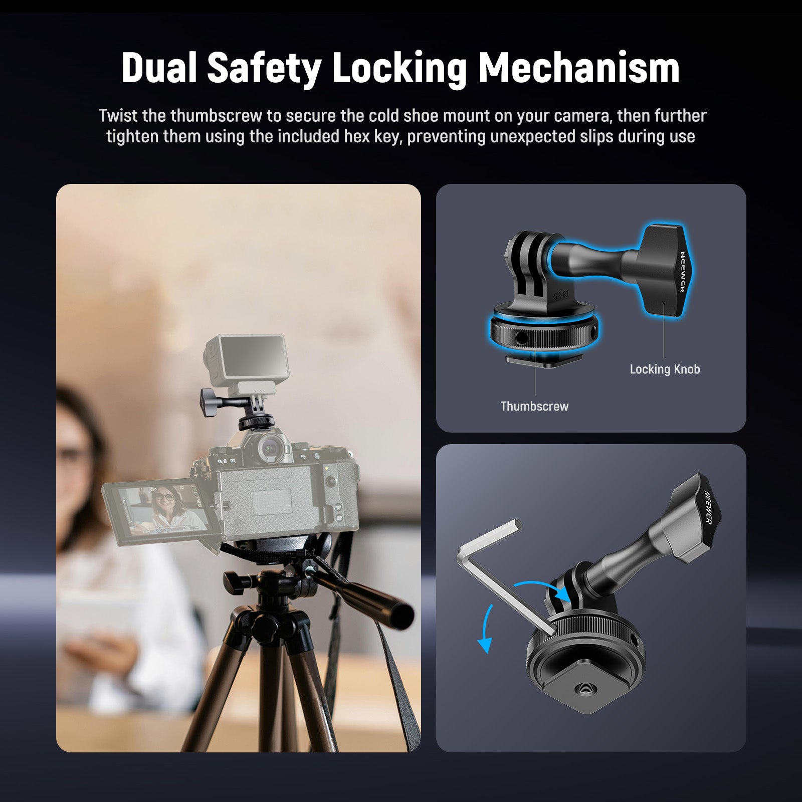 NEEWER GP-63 Cold Shoe Mount Adapter features dual safety locking mechanism