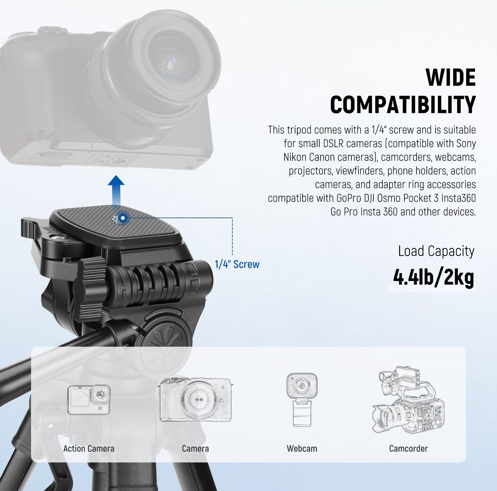 NEEWER TP52 Mini Desk Tripod supports cameras up to 2kg.