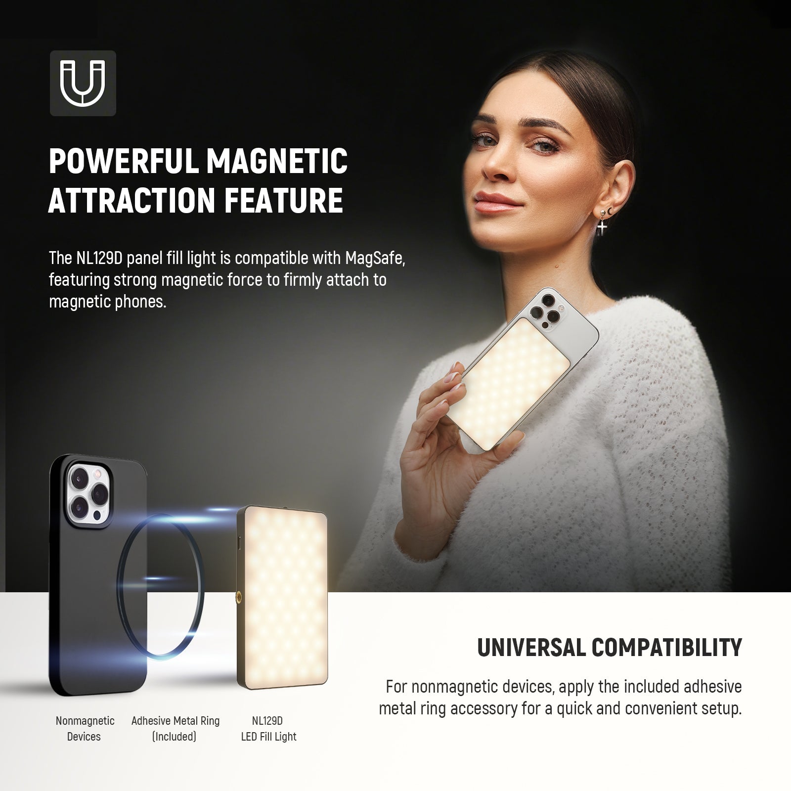 NEEWER NL129D Magnetic Phone Selfie Light is compatible with MagSafe.