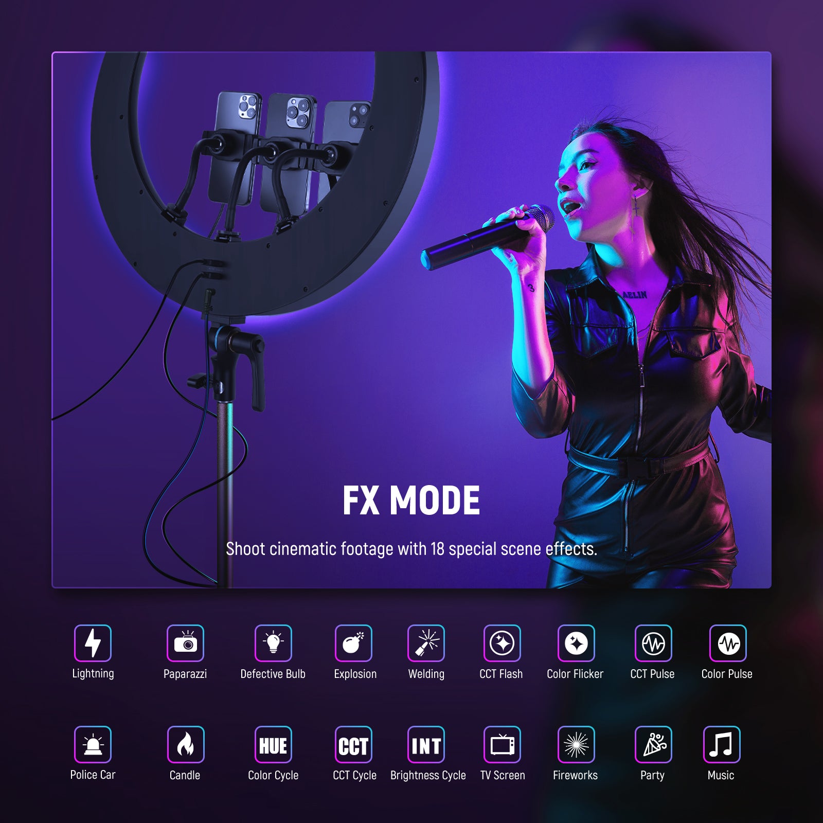 NEEWER RP19C 19" RGB LED Ring Light features the FX mode.