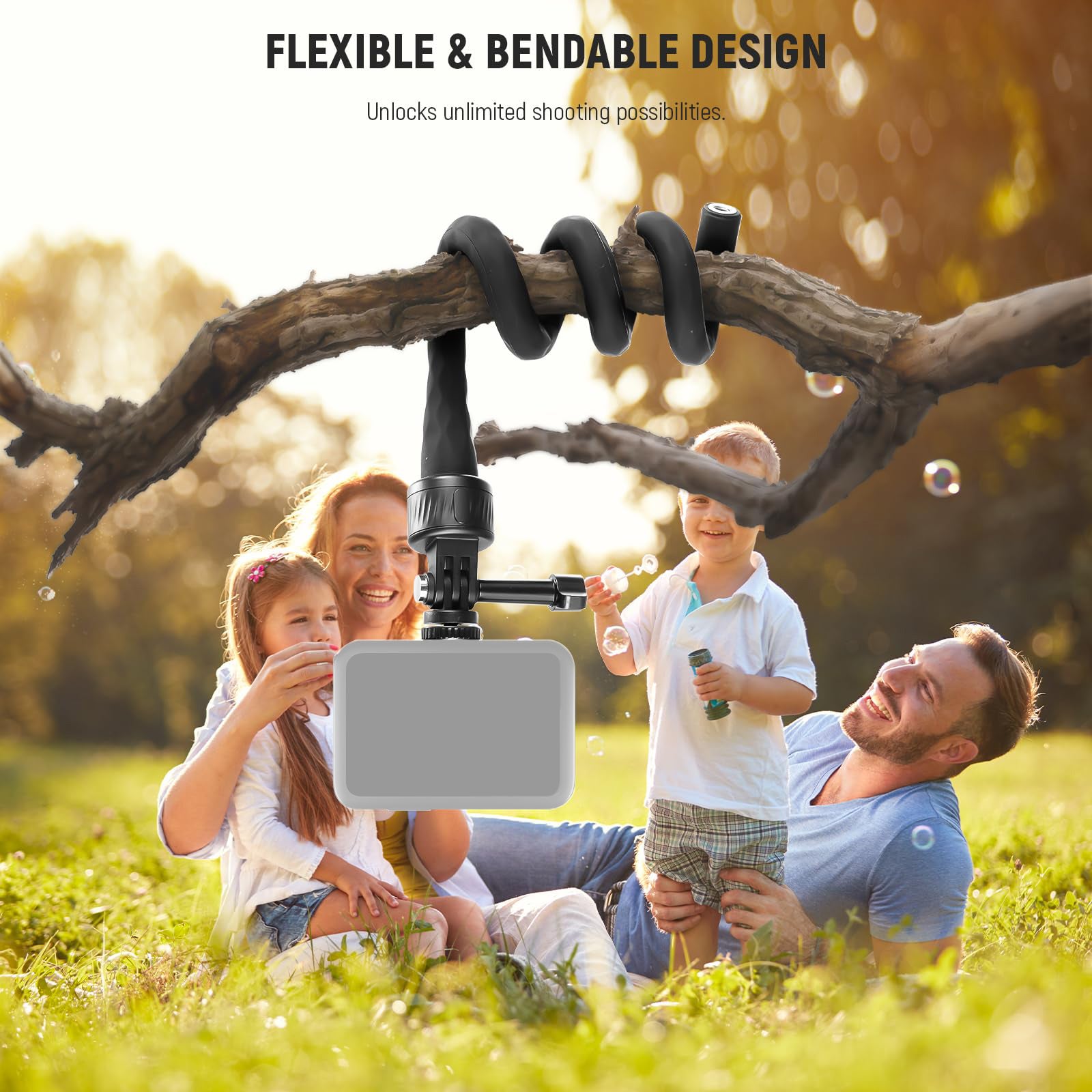 This flexible phone holder & camera mount is 360° adjustable to function as a mini tripod