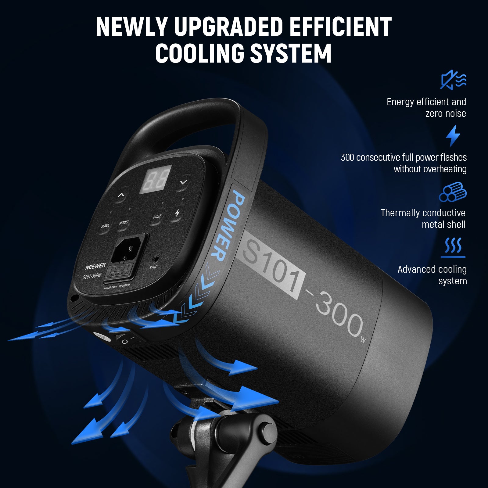 The studio monolights included feature heat dissipation system.