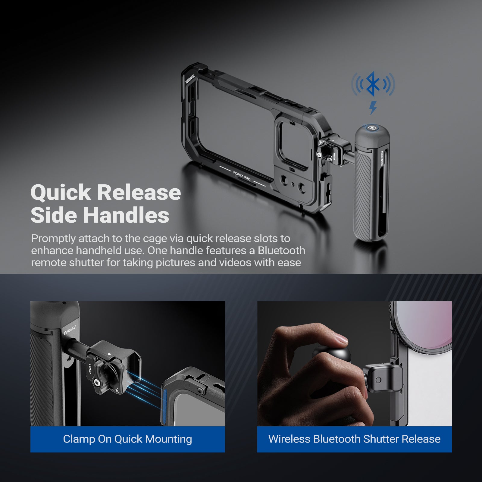 Promptly attaches to the cage via quick release slots to enhance handheld use.