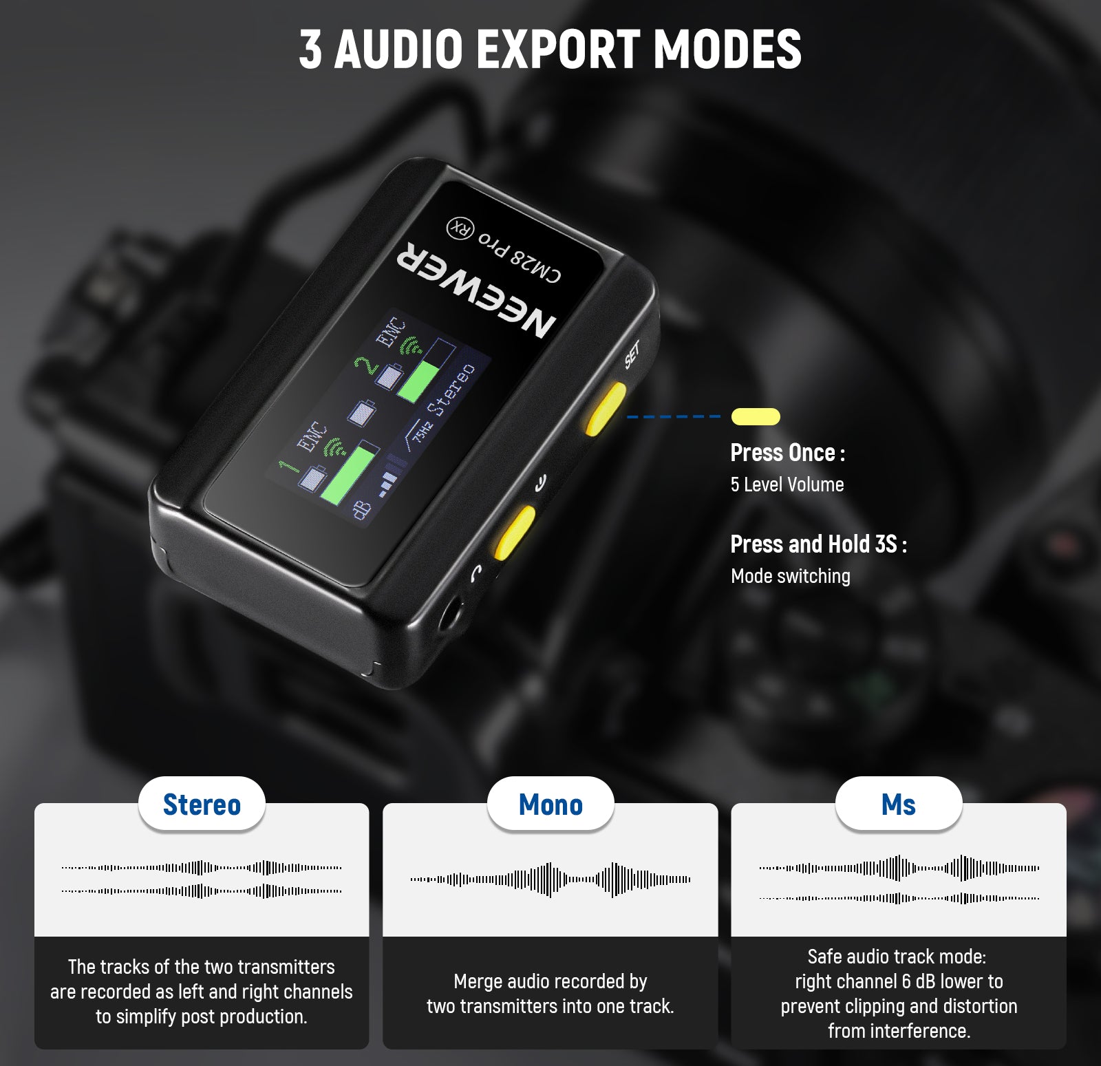 NEEWER CM28 PRO Wireless Mic System offers 3 audio export modes.