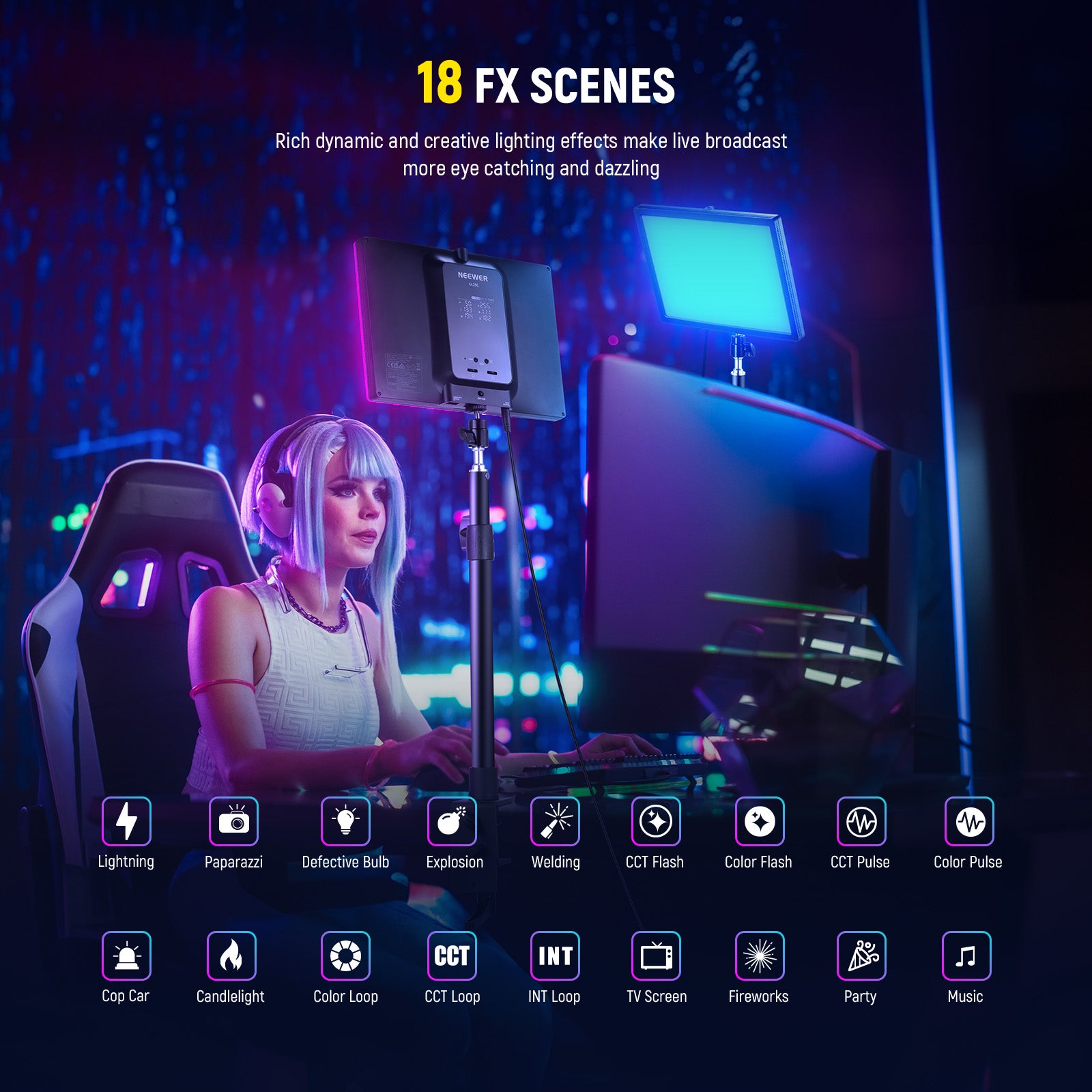 18 FX Scenes of the NEEWER GL25C Streaming Key Light