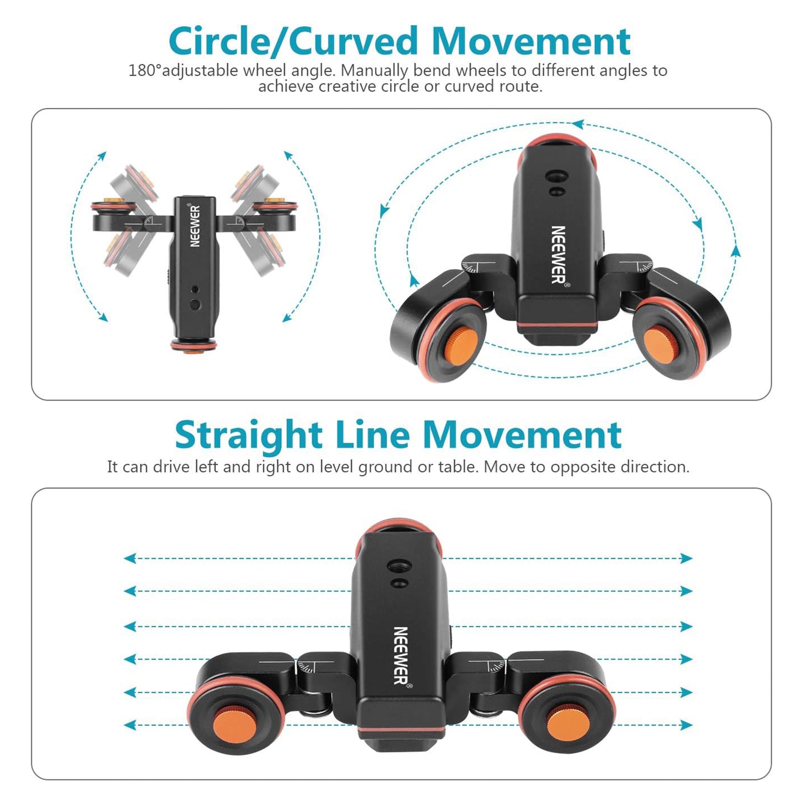 Two wheels with 90° angle adjustment enable the dolly to move in circular or linear paths.
