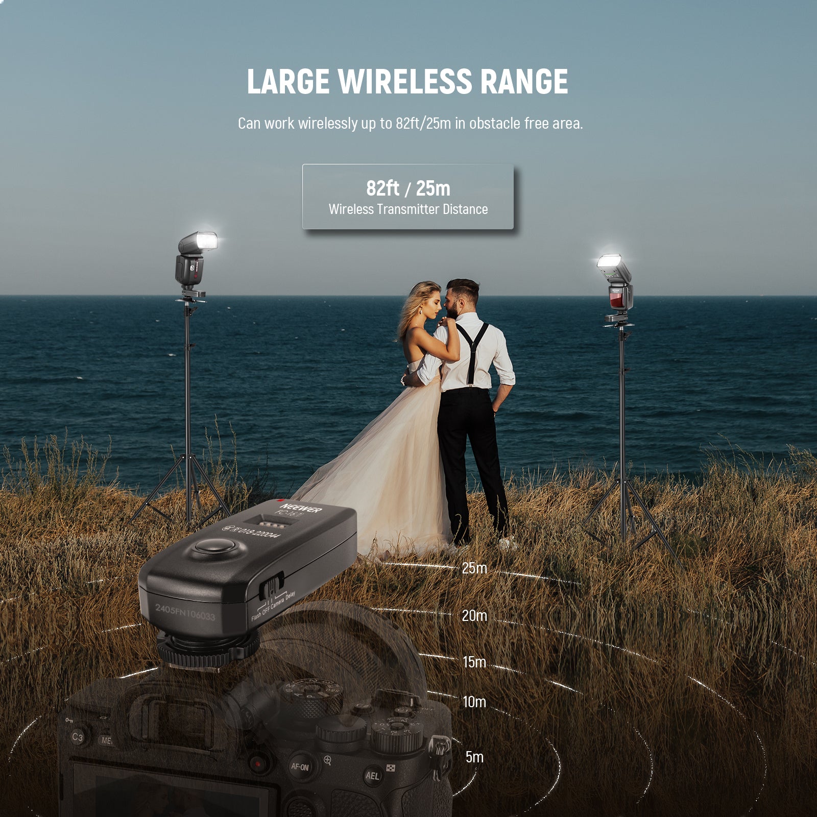 NEEWER FC-16 2.4G Wireless Flash Trigger for Nikon can work wirelessly up to 25m.