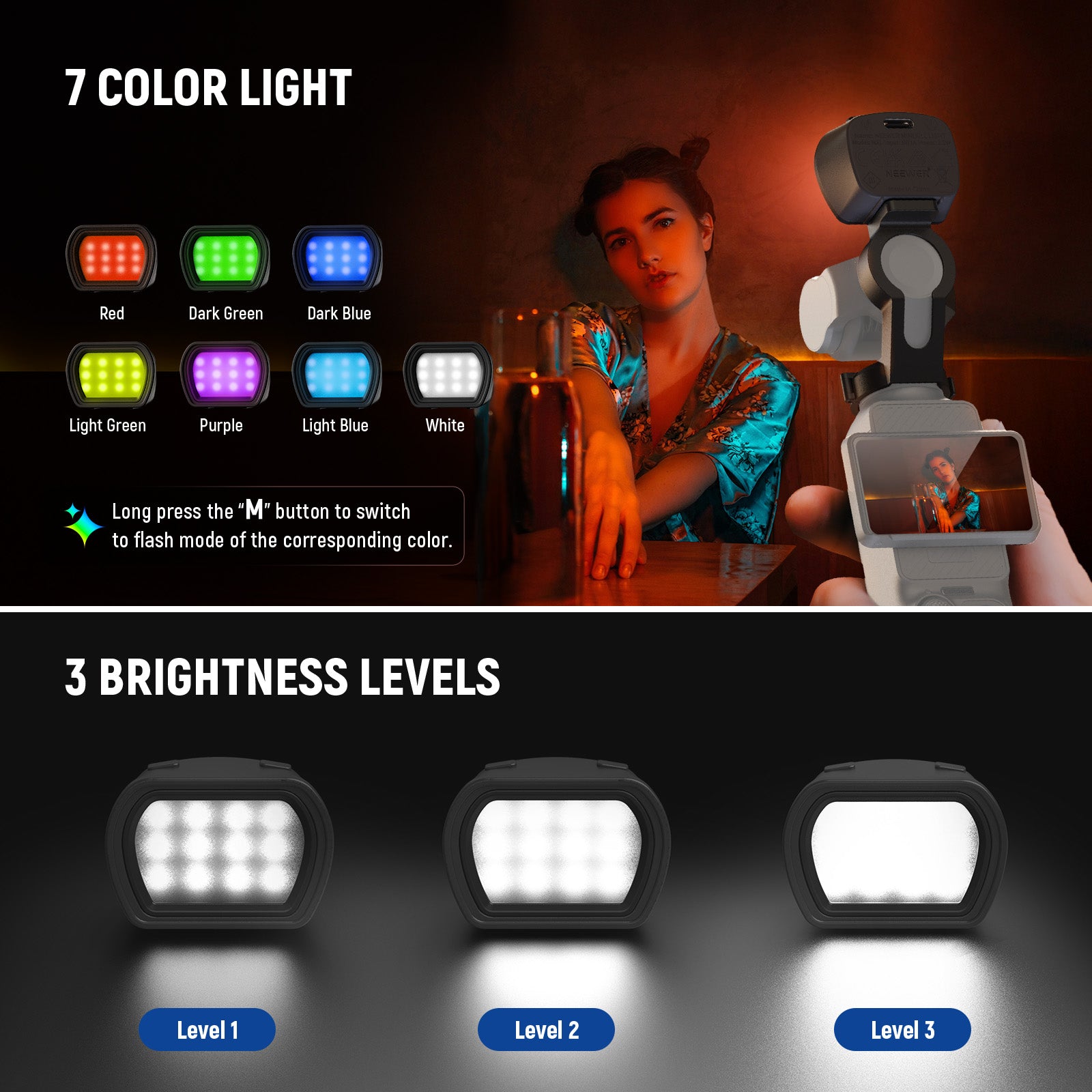 Dimmable RGB Camera Light with 7 Colors