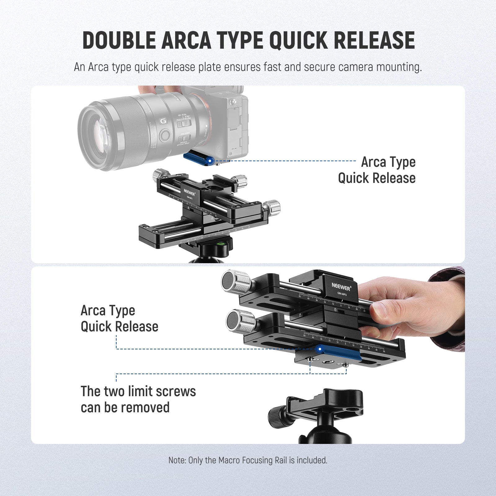 NEEWER GM-MP3 4 Axis Macro Focusing Rail features an Acra type QR plate.