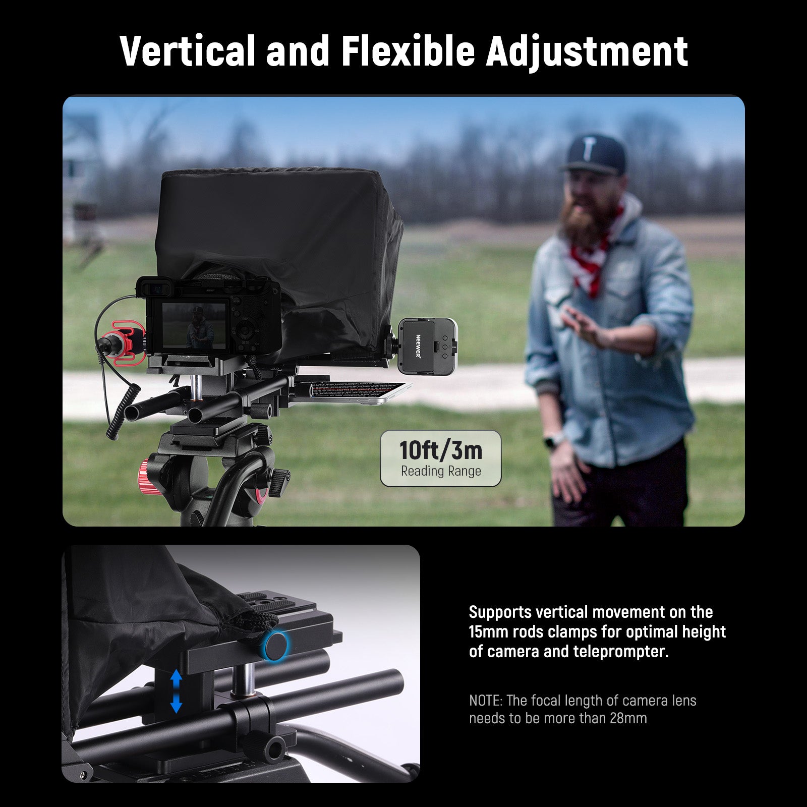 NEEWER C12 Camera Teleprompter supports vertical and flexible adjustment.