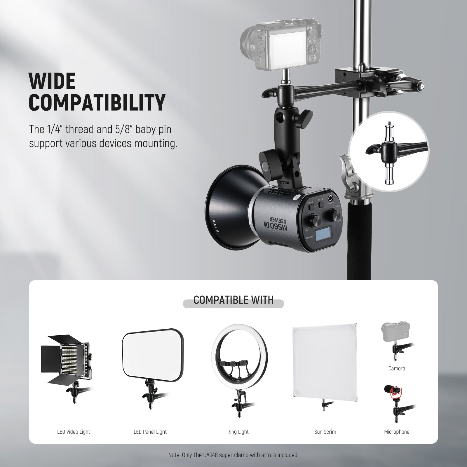 Wide Compatibility of the NEEWER UA048 Super Clamp with Extension Arm
