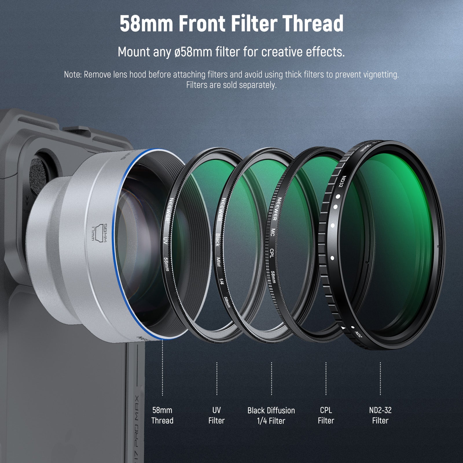 The 58mm front thread attaches the lens hood to prevent lens flare.