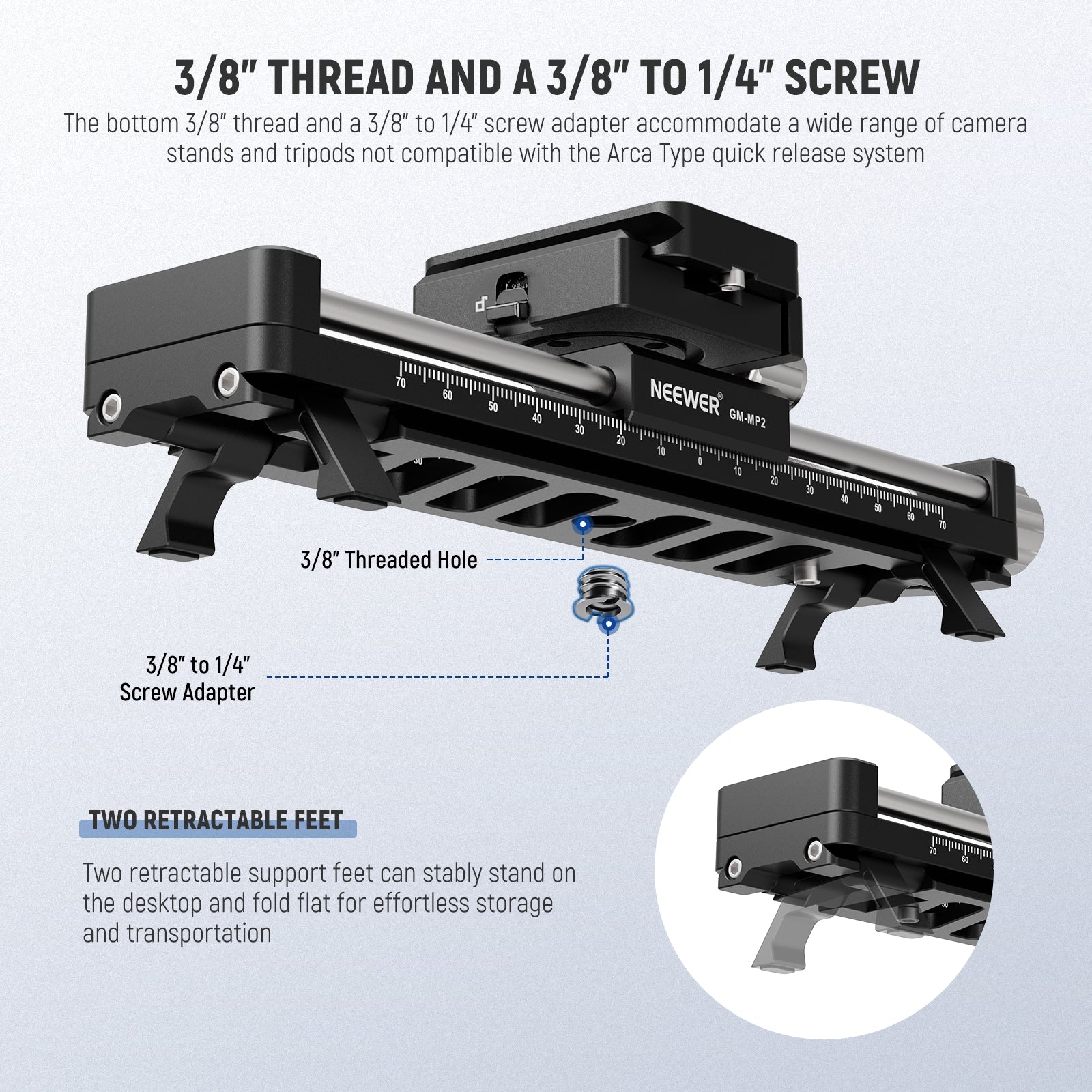 Two retractable support feet can stably stand on the desktop and fold flat for effortless storage and transportation