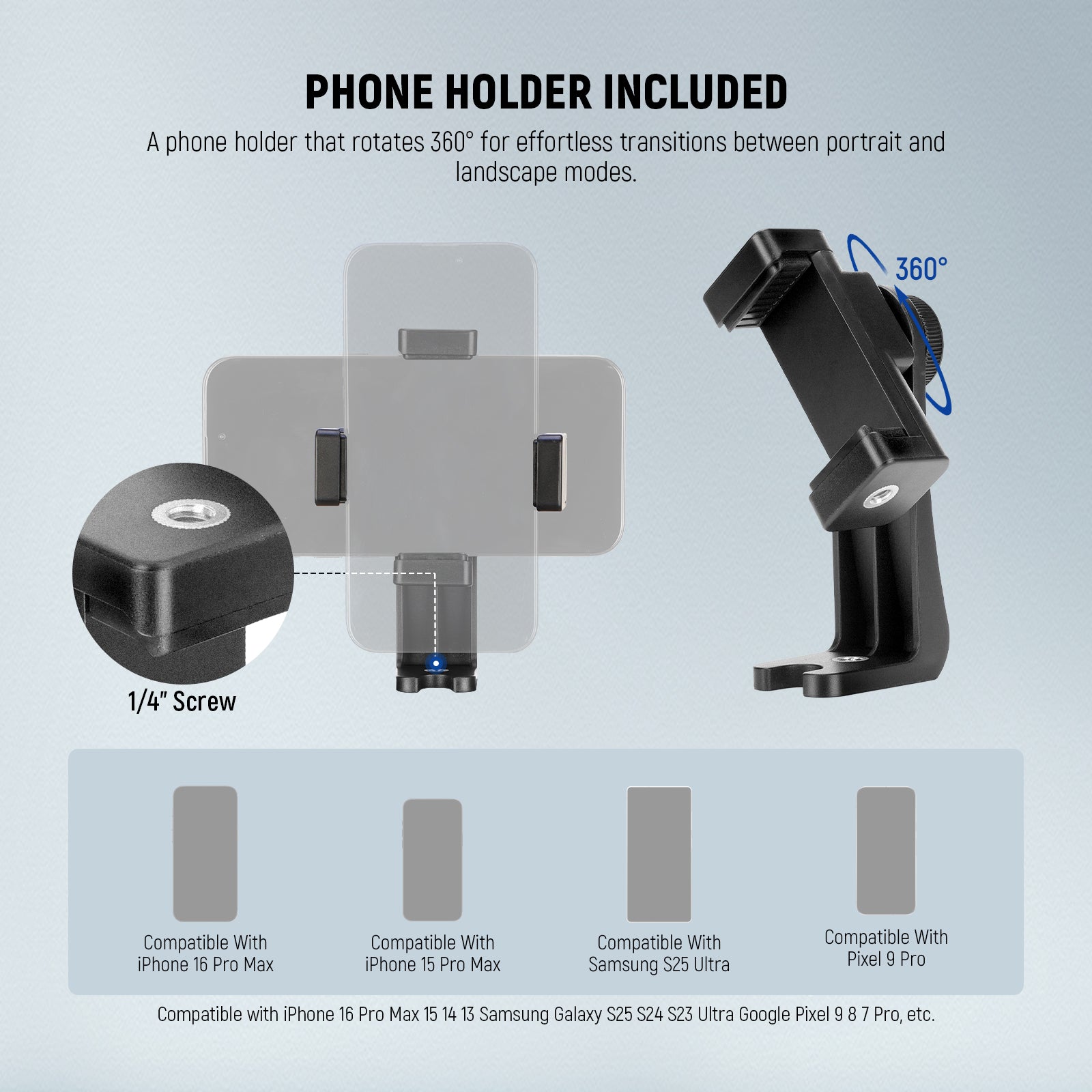 NEEWER TP55 Camera Tripod Kit includes a phone holder.