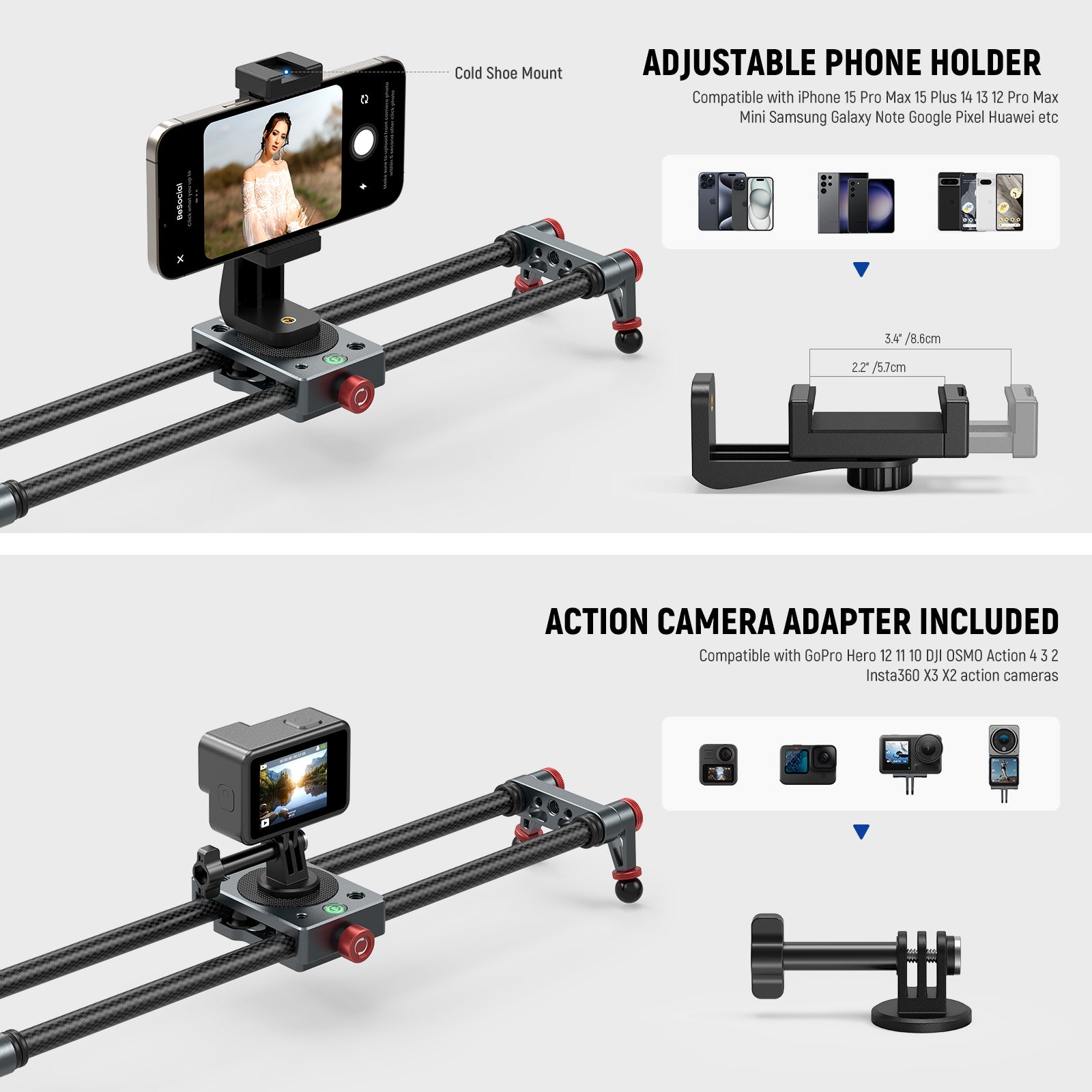 NEEWER CS1M/CS2M Carbon Fiber Camera Slider kit includes an adjustable phone holder and an action camera adapter.