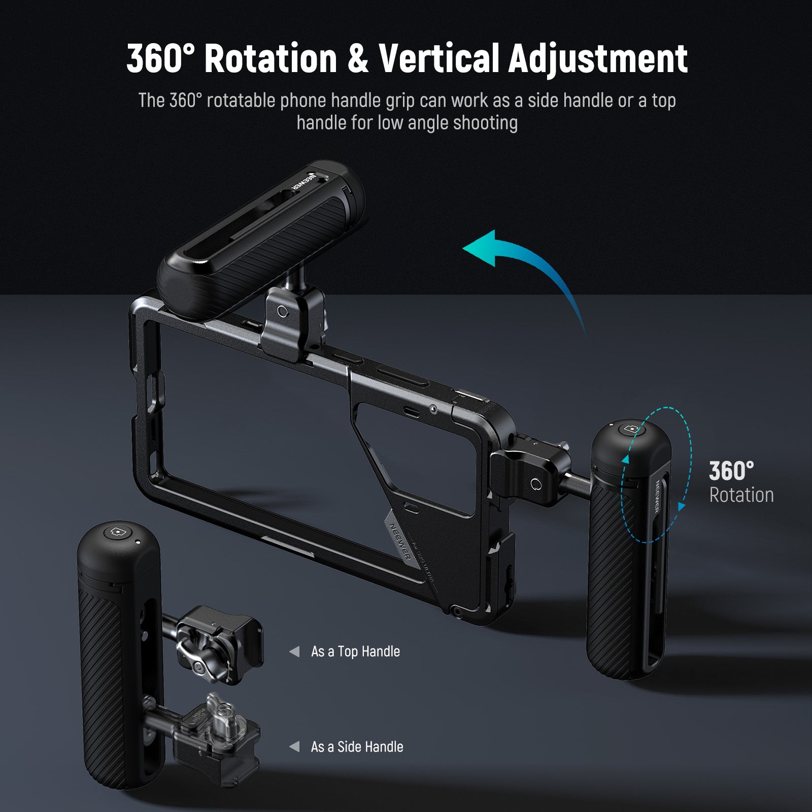 The 360° rotatable phone handle grip can work as a side handle or a top handle