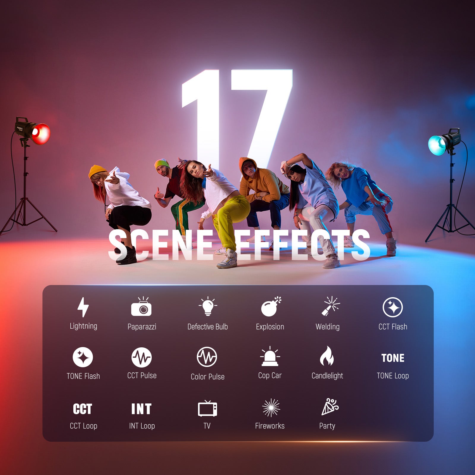 NEEWER FS300C Dimmed Full RGB Video Light features 17 scene effects.