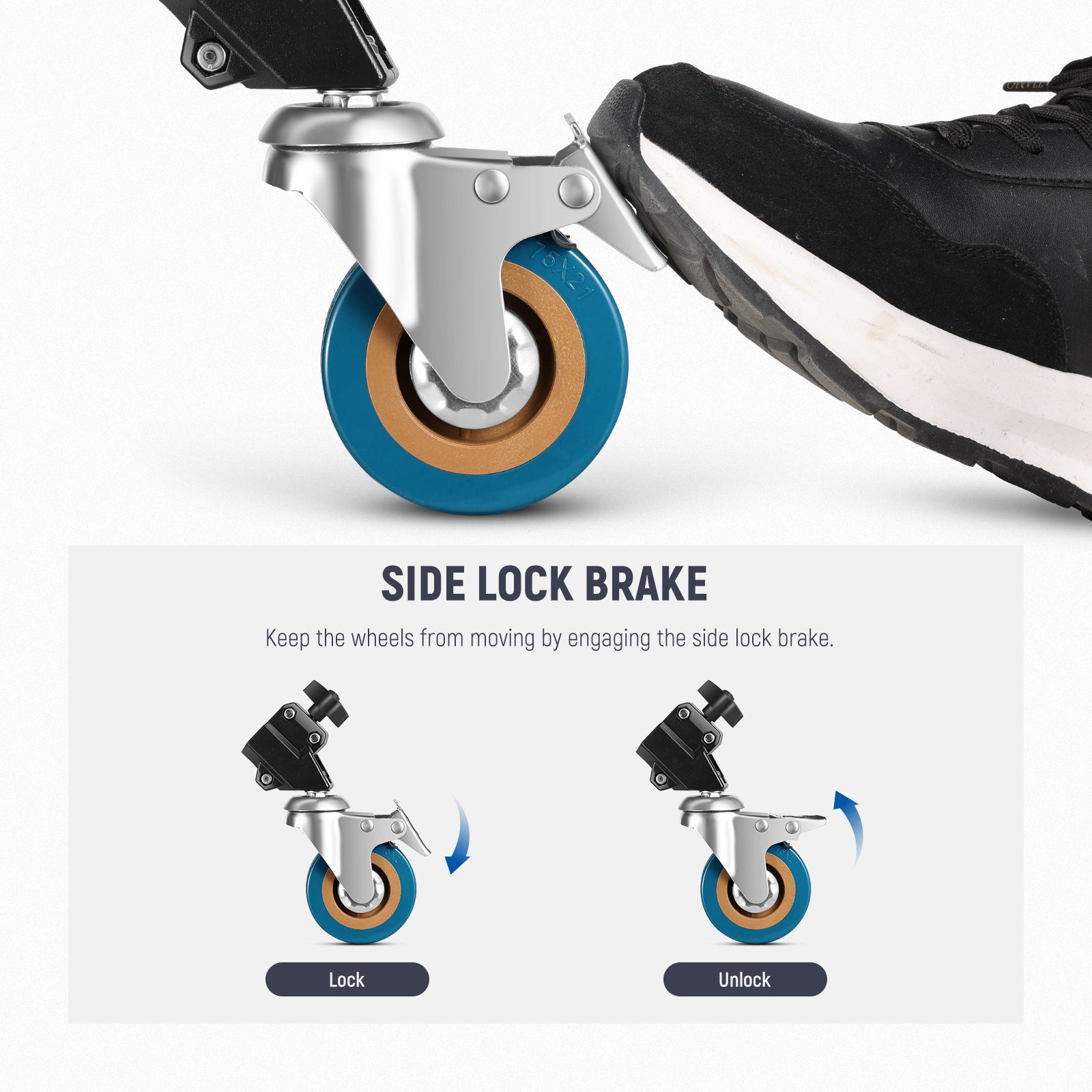 Simply lock the caster by stepping the brake and stop the stand from moving in a second