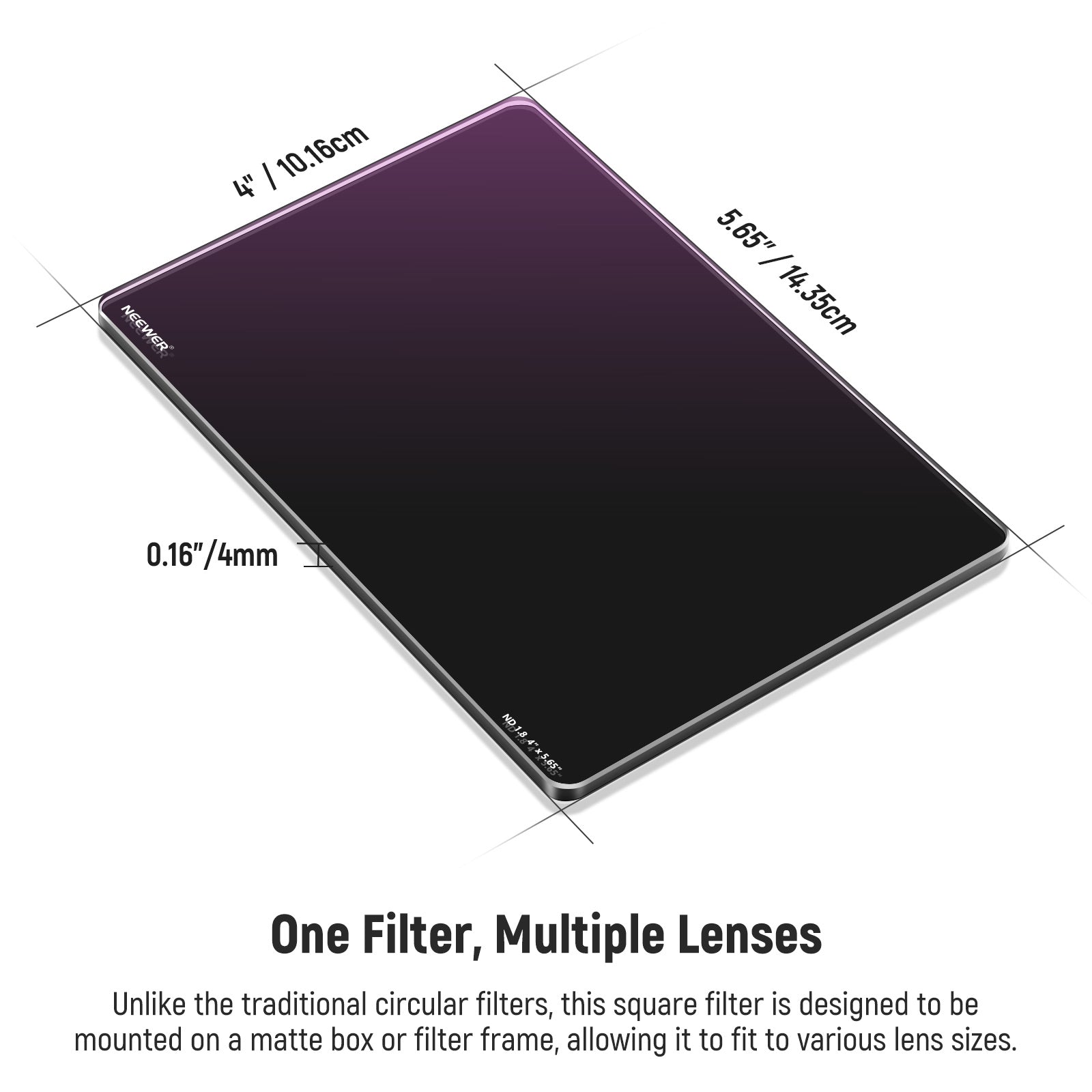 This square filter is designed to be mounted on a matte box or filter frame.