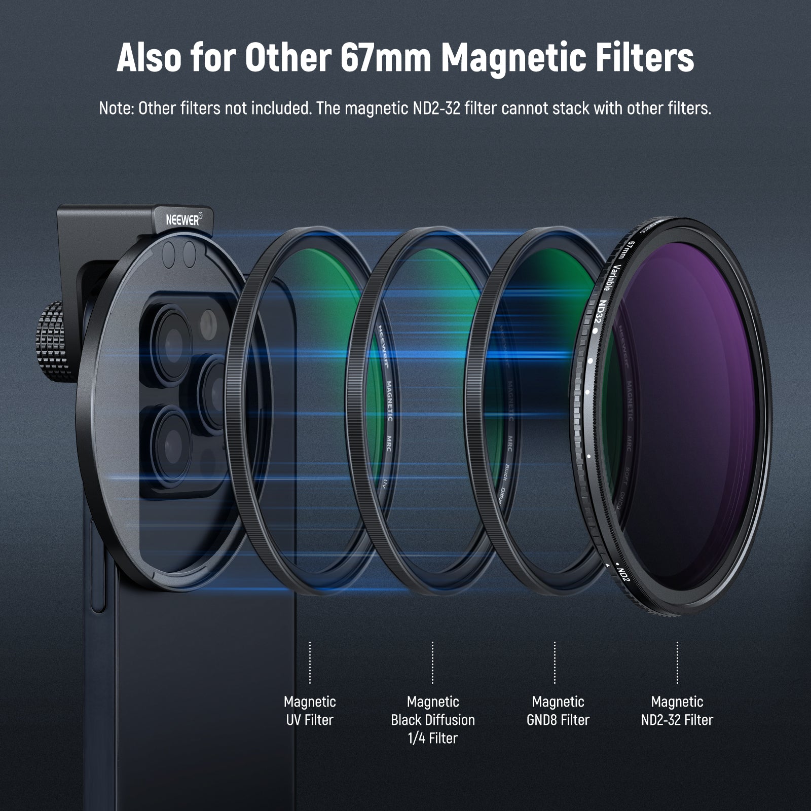 The phone lens clip is suitable for 67mm magnetic filters.