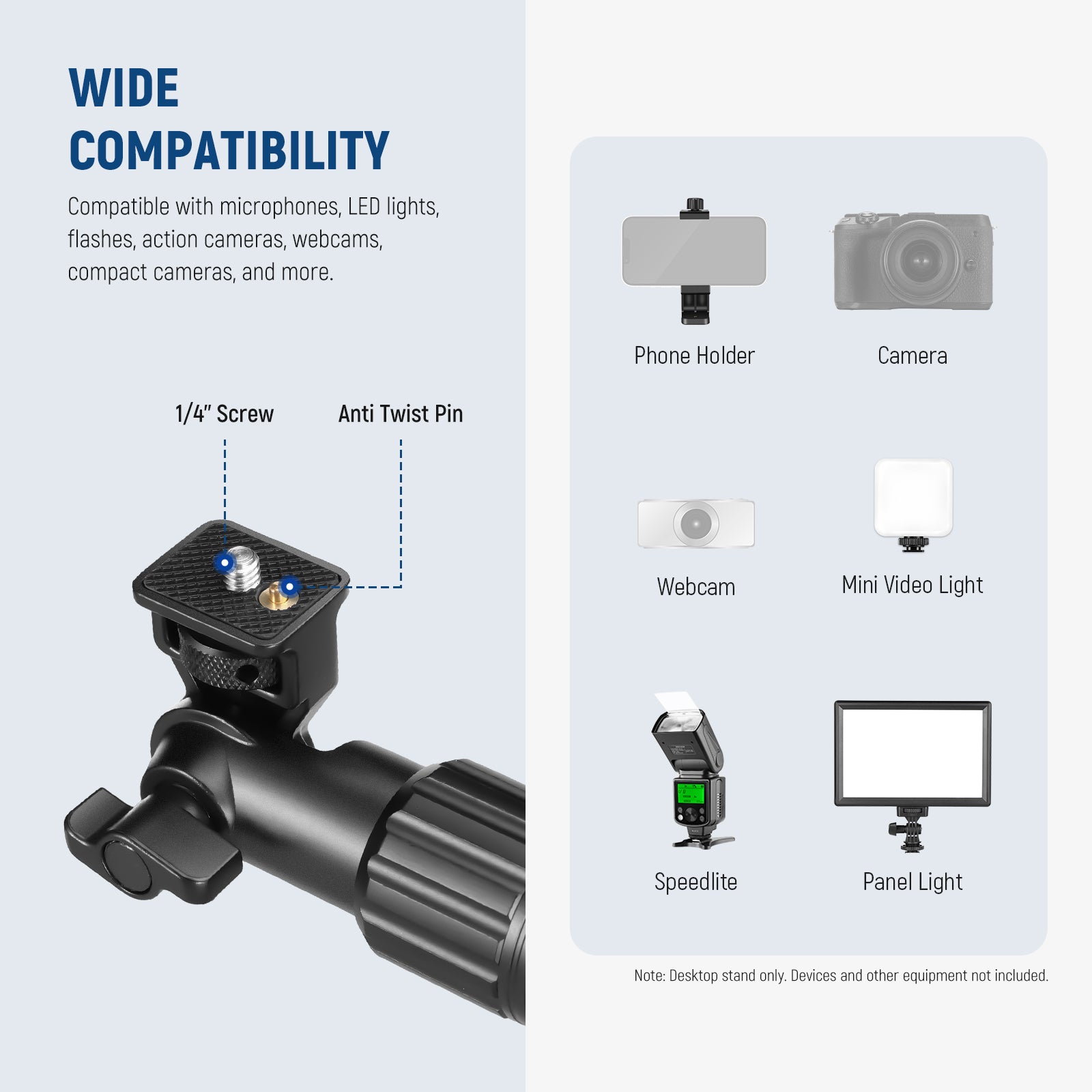 Wide Compatibility of the NEEWER DS008 Overhead Camera Mount Arm